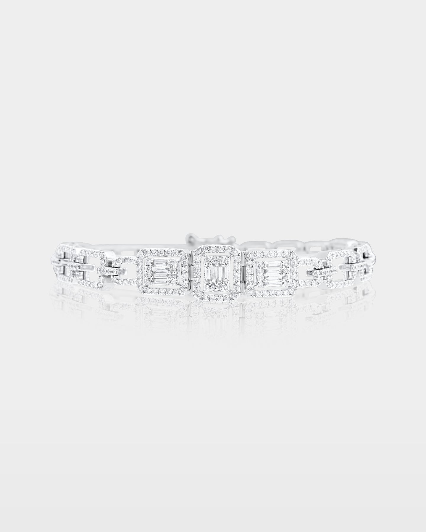 14k white gold geometric link bracelet featuring a center rectangular plaque set with 1.91 carats of baguette and round diamonds