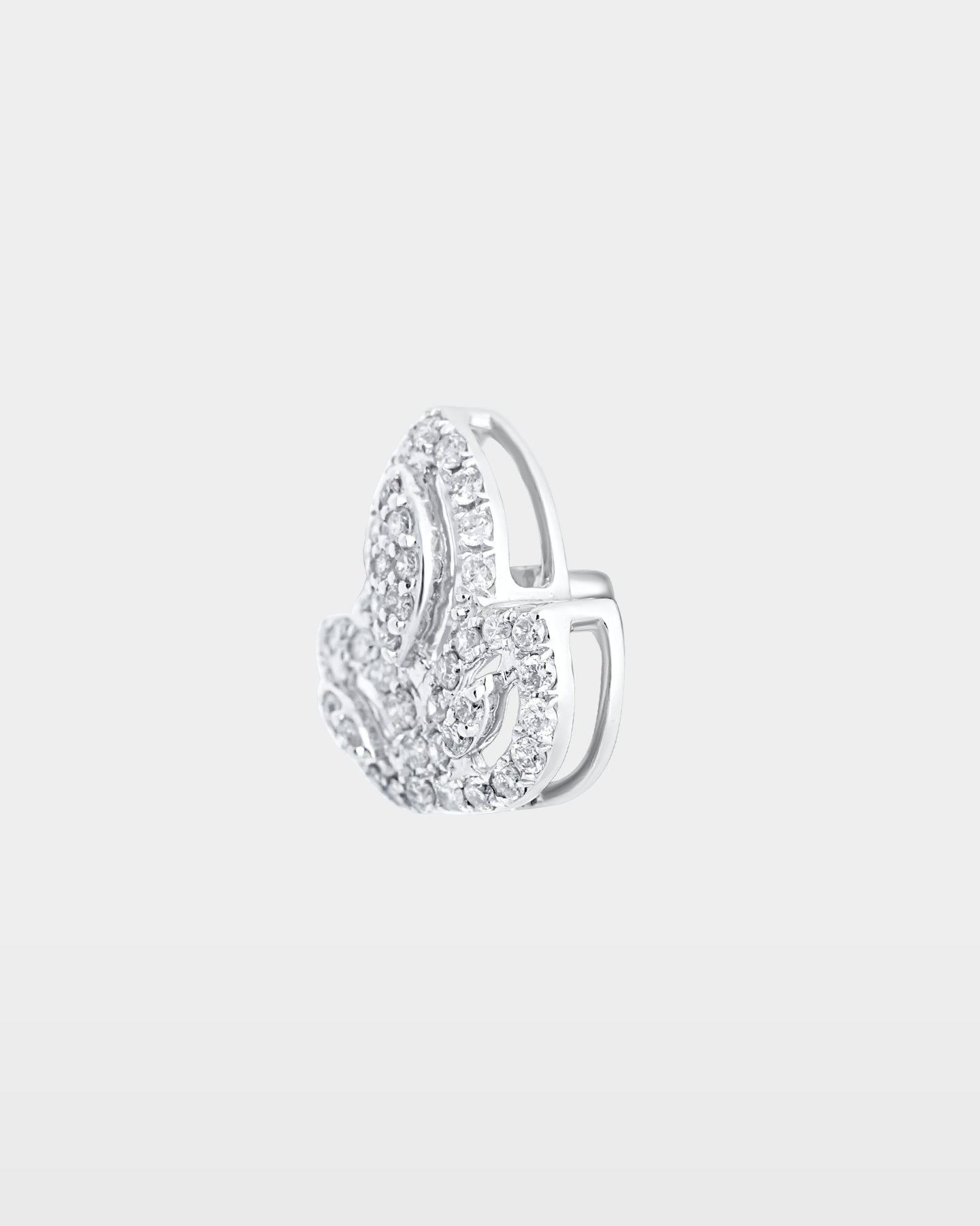 angled studio macro shot of a single floral lotus pave diamond stud earring showcasing the tiered openwork architecture