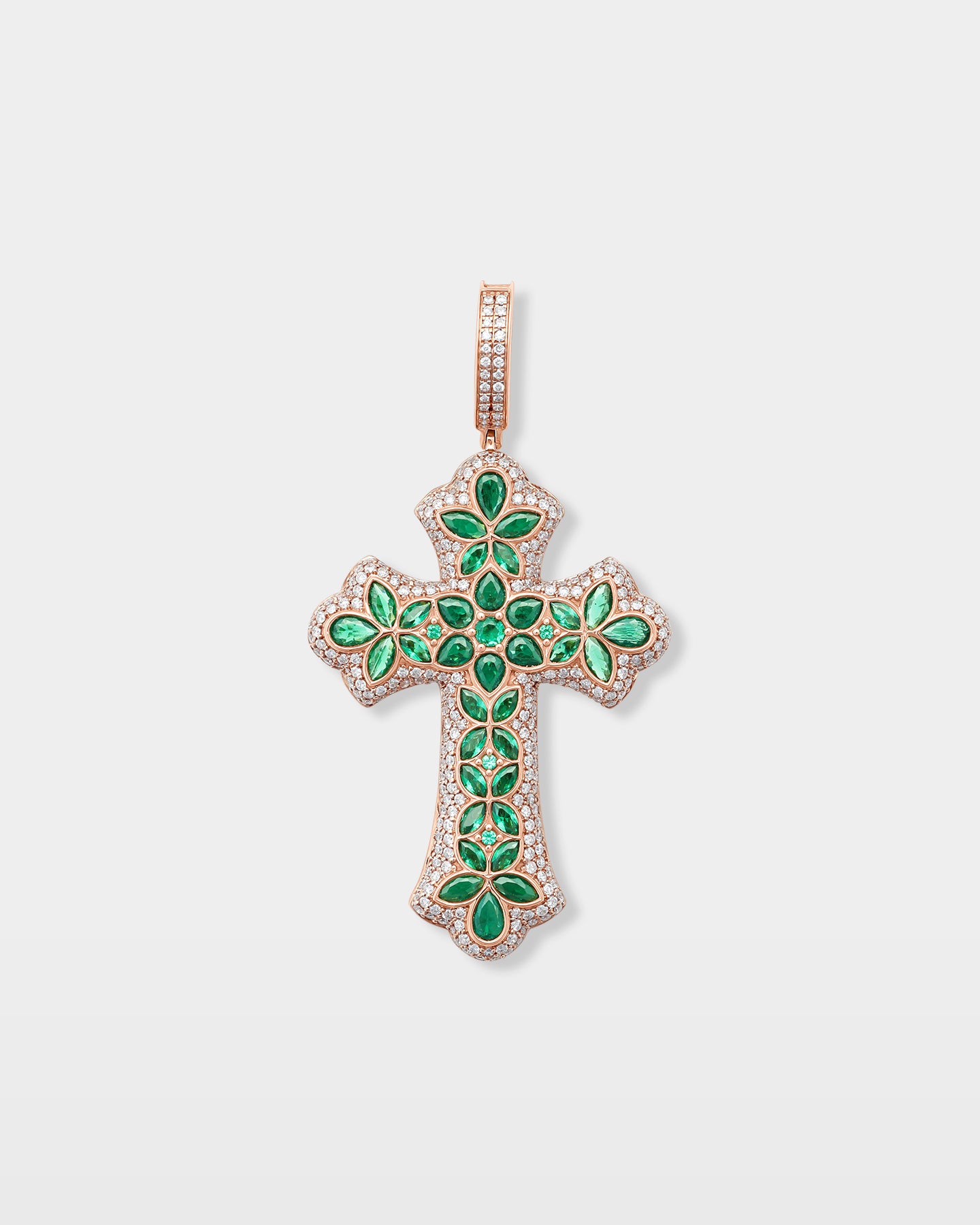Floral Green Emerald & Diamond Cross Pendant | The Ice Champ Gold Jewelry TX
