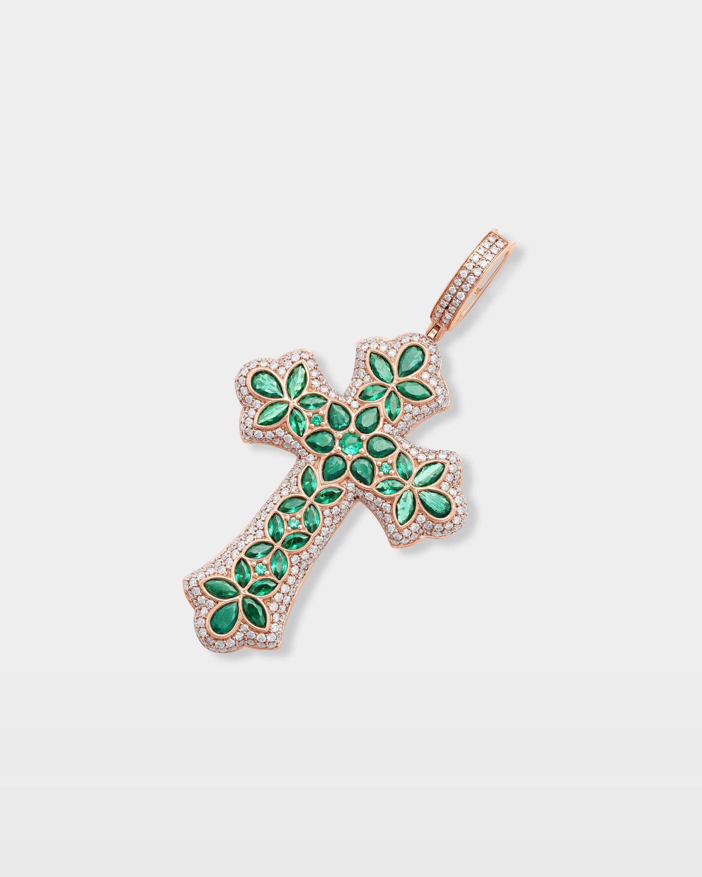 Floral Green Emerald & Diamond Cross Pendant | The Ice Champ Gold Jewelry TX