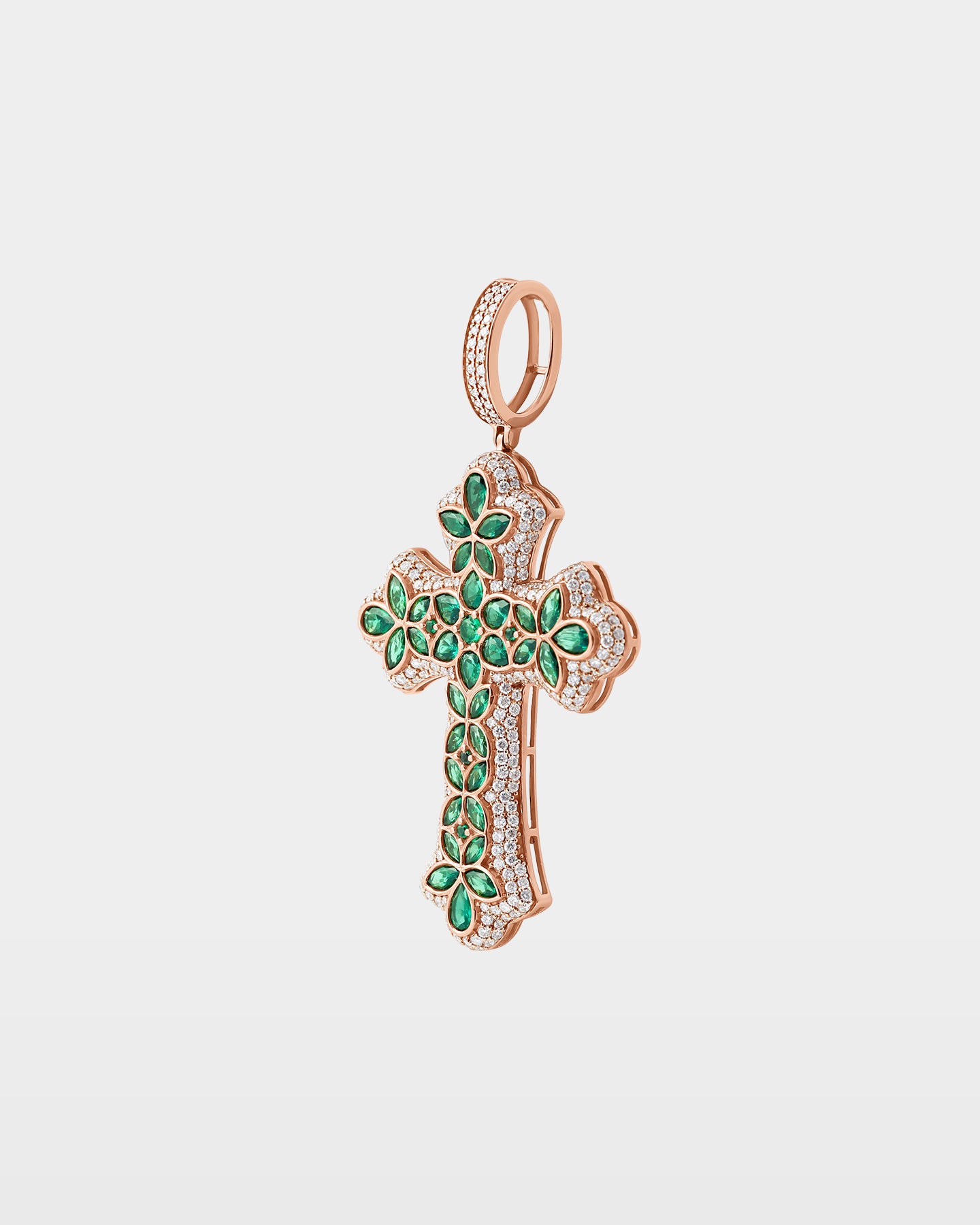 Floral Green Emerald & Diamond Cross Pendant | The Ice Champ Gold Jewelry TX
