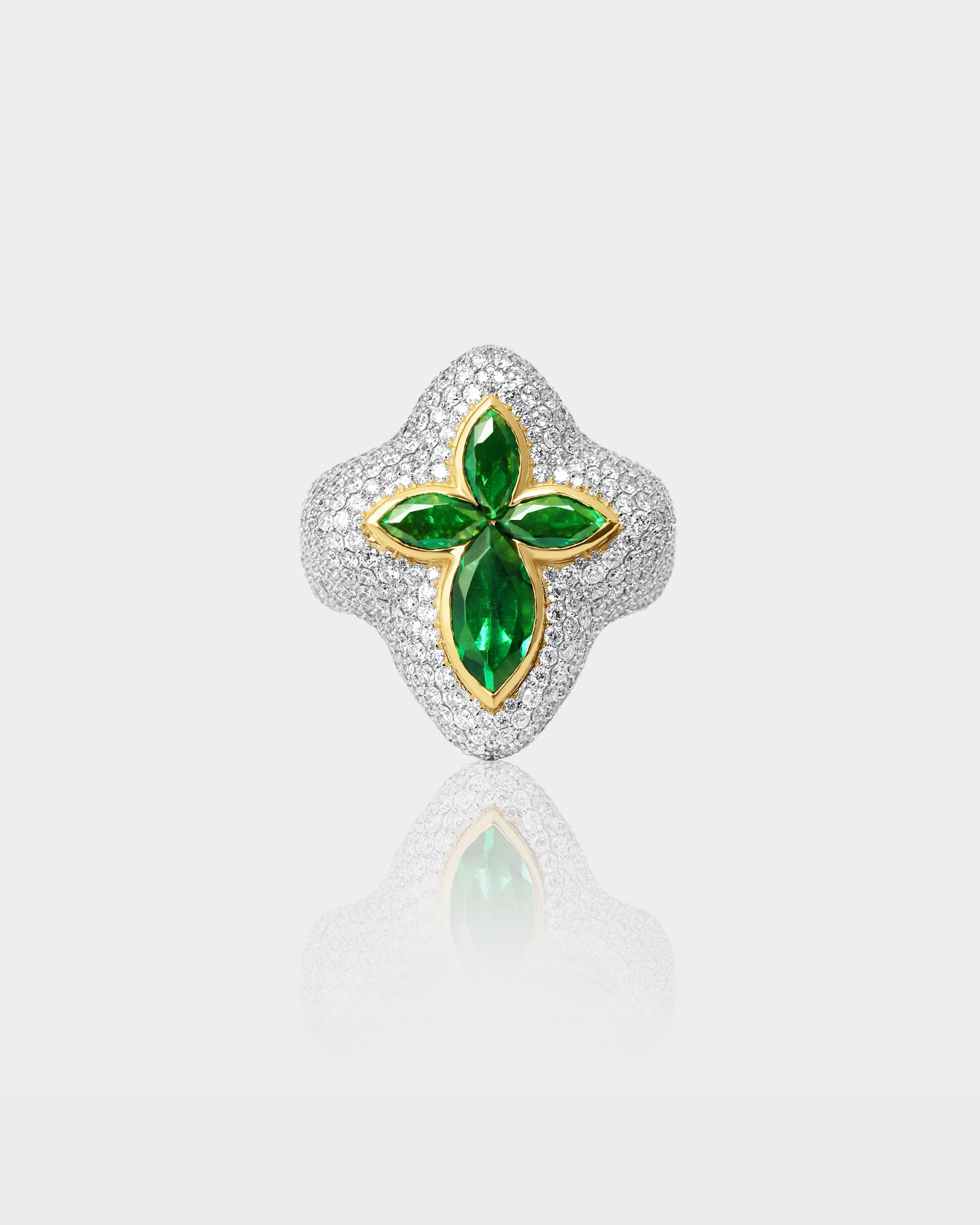 Yellow Gold Marquise Emerald Cross Diamond Ring | The Ice Champ Dallas, Texas