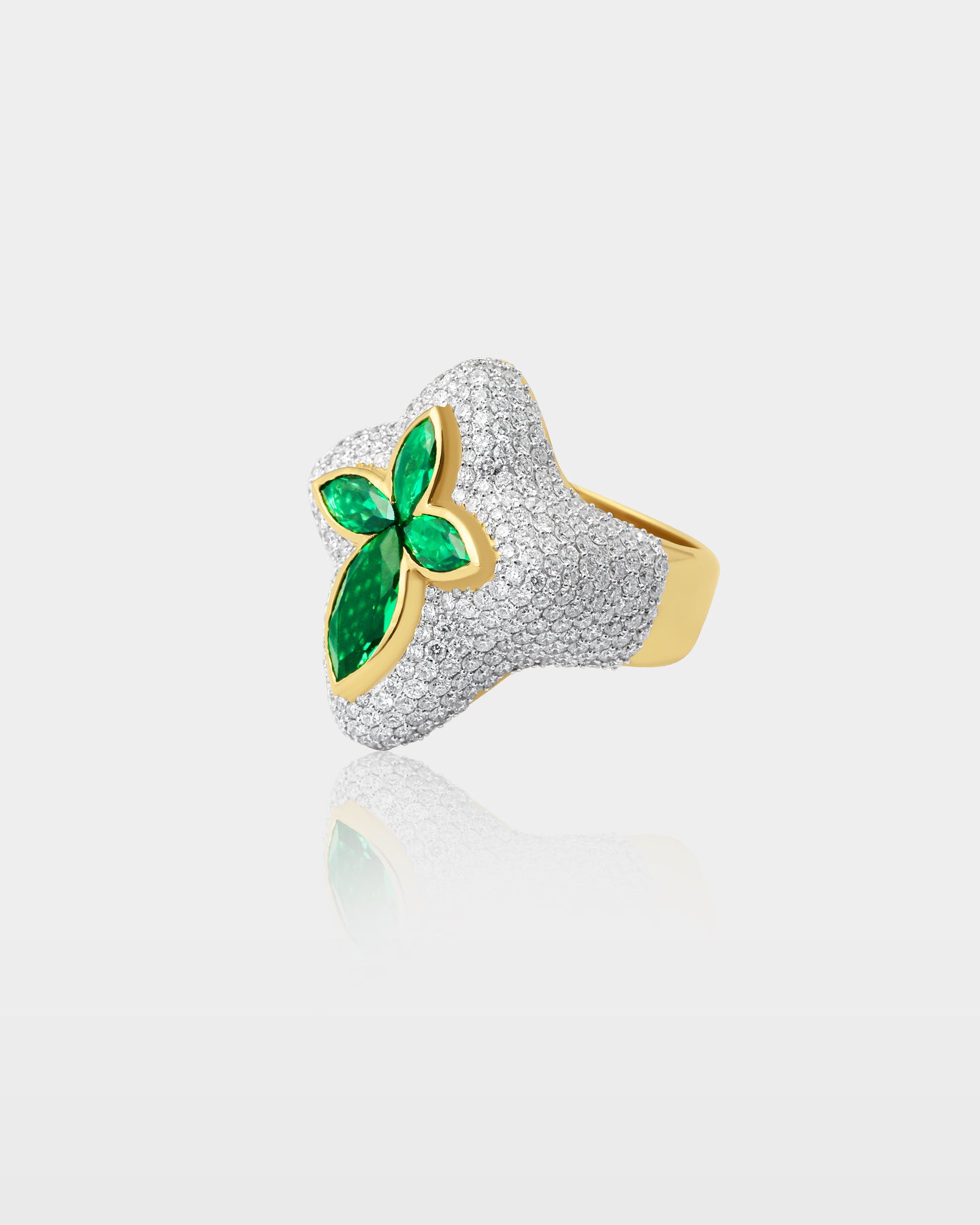 Yellow Gold Marquise Emerald Cross Diamond Ring | The Ice Champ Dallas, Texas