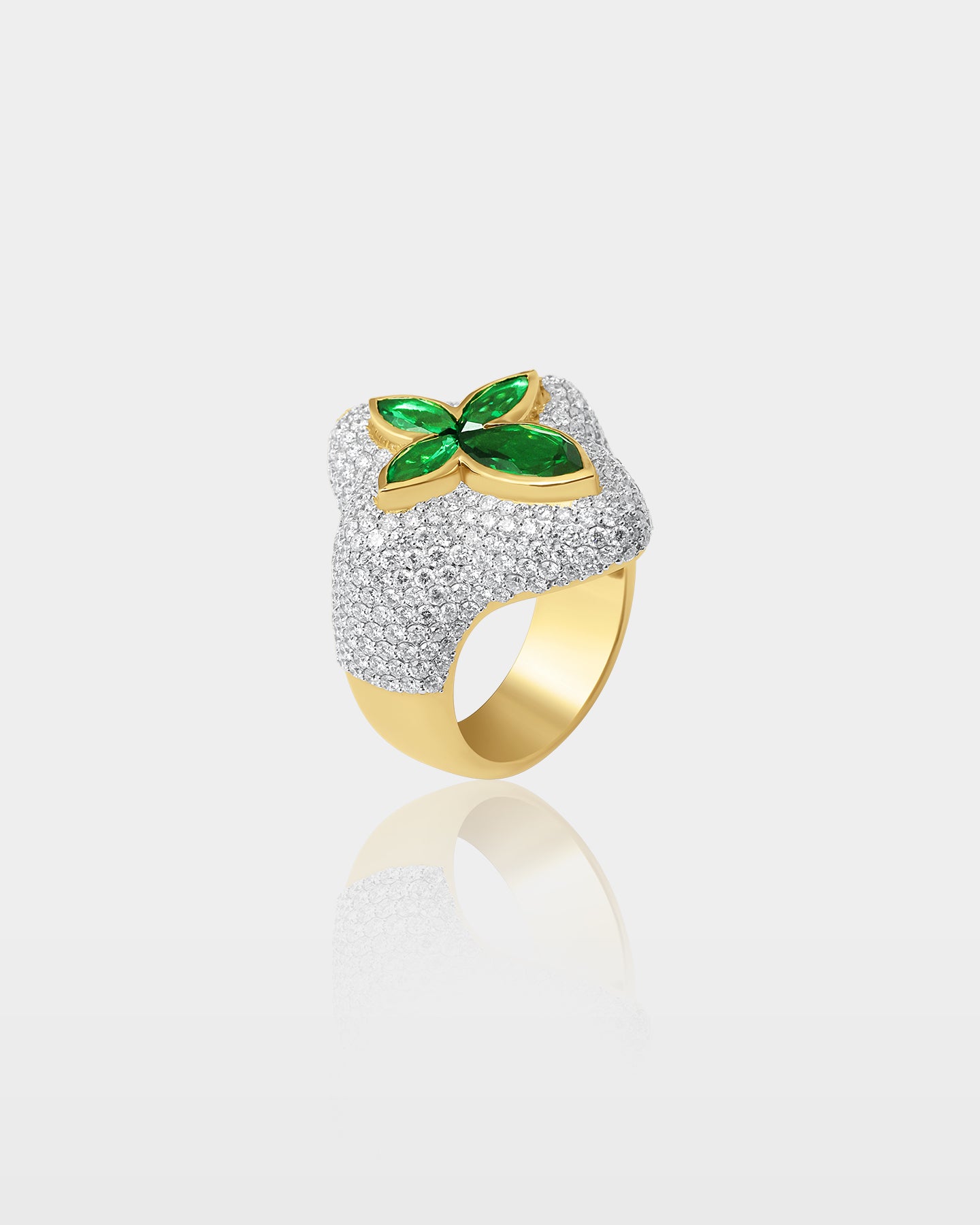 Yellow Gold Marquise Emerald Cross Diamond Ring | The Ice Champ Dallas, Texas