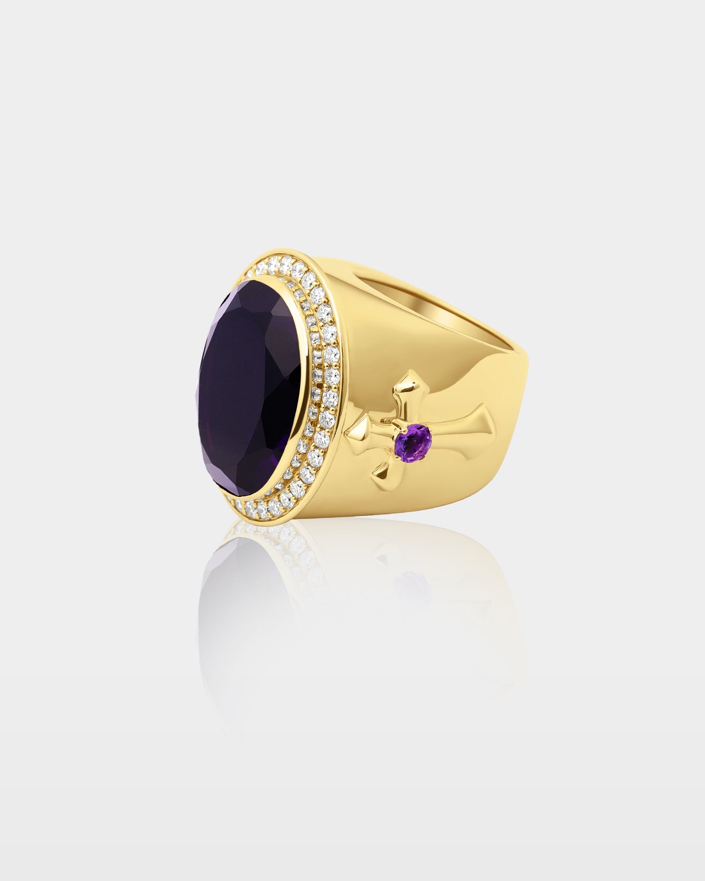 Gold Oval Amethyst Cross Diamond Halo Ring | The Ice Champ Dallas, Texas