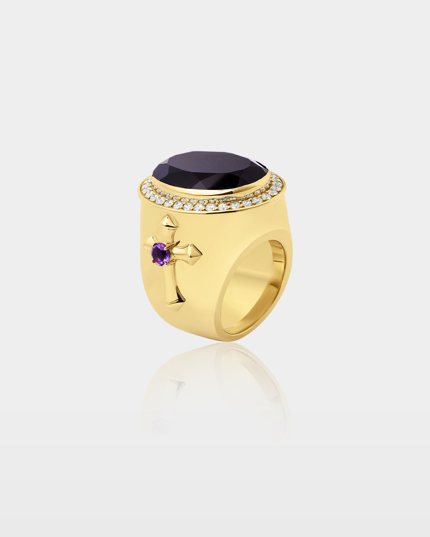 Gold Oval Amethyst Cross Diamond Halo Ring | The Ice Champ Dallas, Texas
