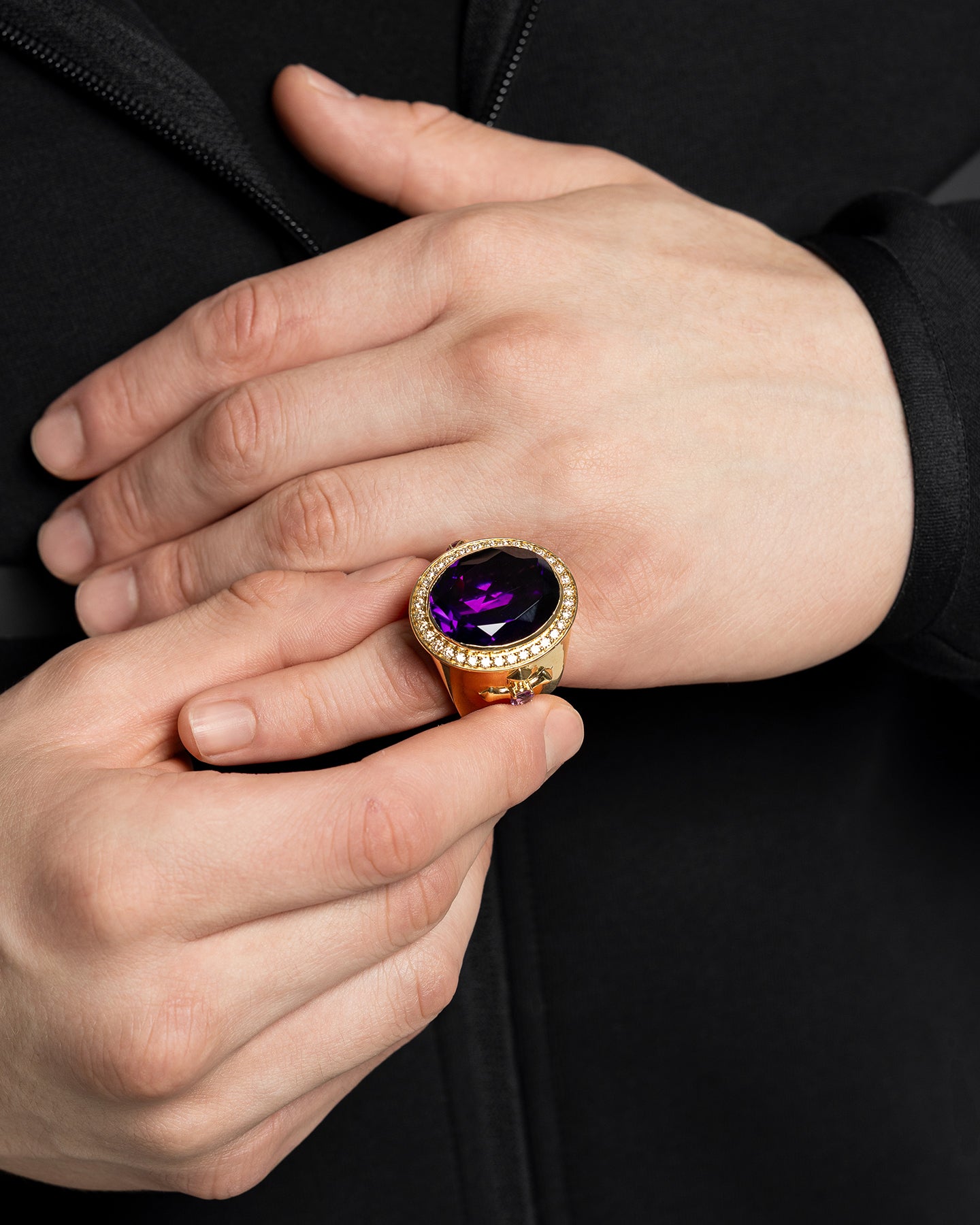 Gold Oval Amethyst Cross Diamond Halo Ring | The Ice Champ Dallas, Texas