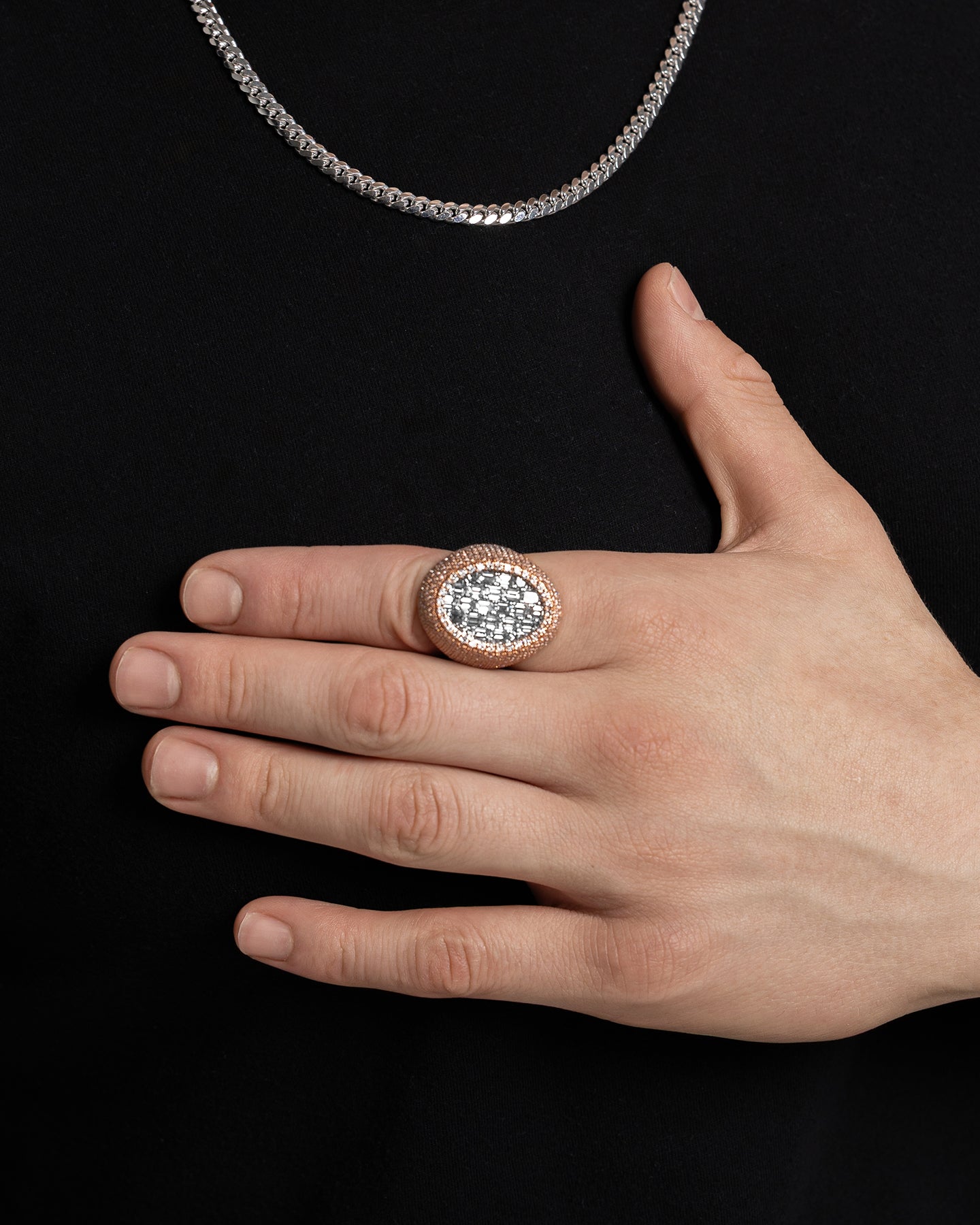 Rose & White Gold Oval Pavé Diamond Ring | The Ice Champ Dallas, Texas