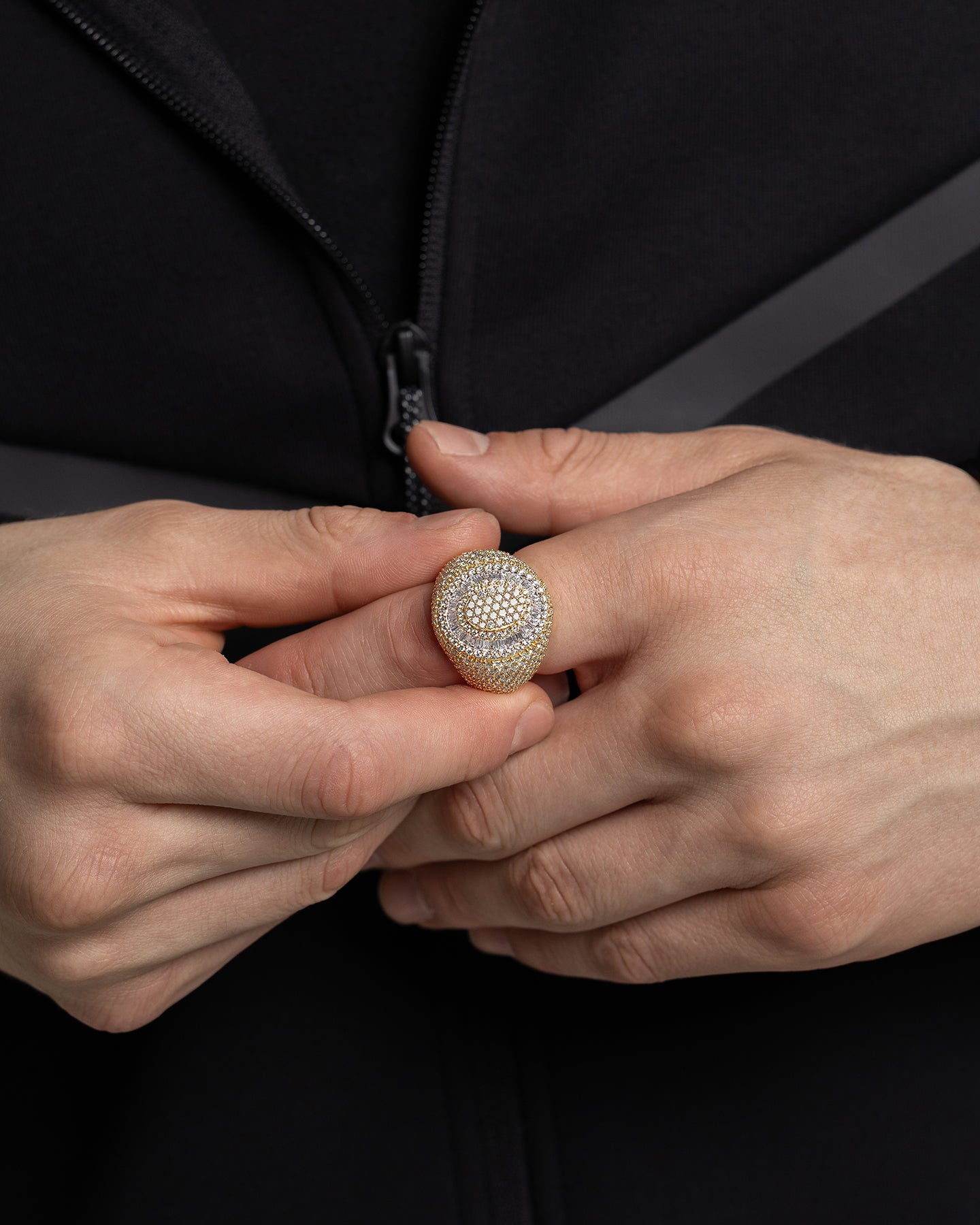 Gold Oval Signet Round And Baguette Natural Diamond Ring | Ice Champ Dallas, Texas