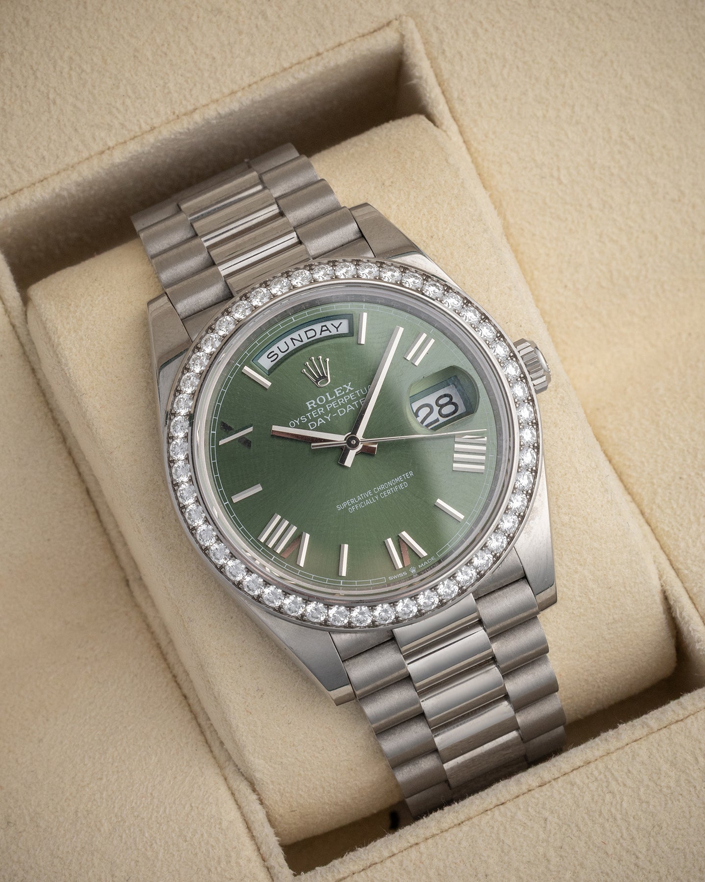 White Gold Rolex Day-Date 228349RBR | The Ice Champ Dallas