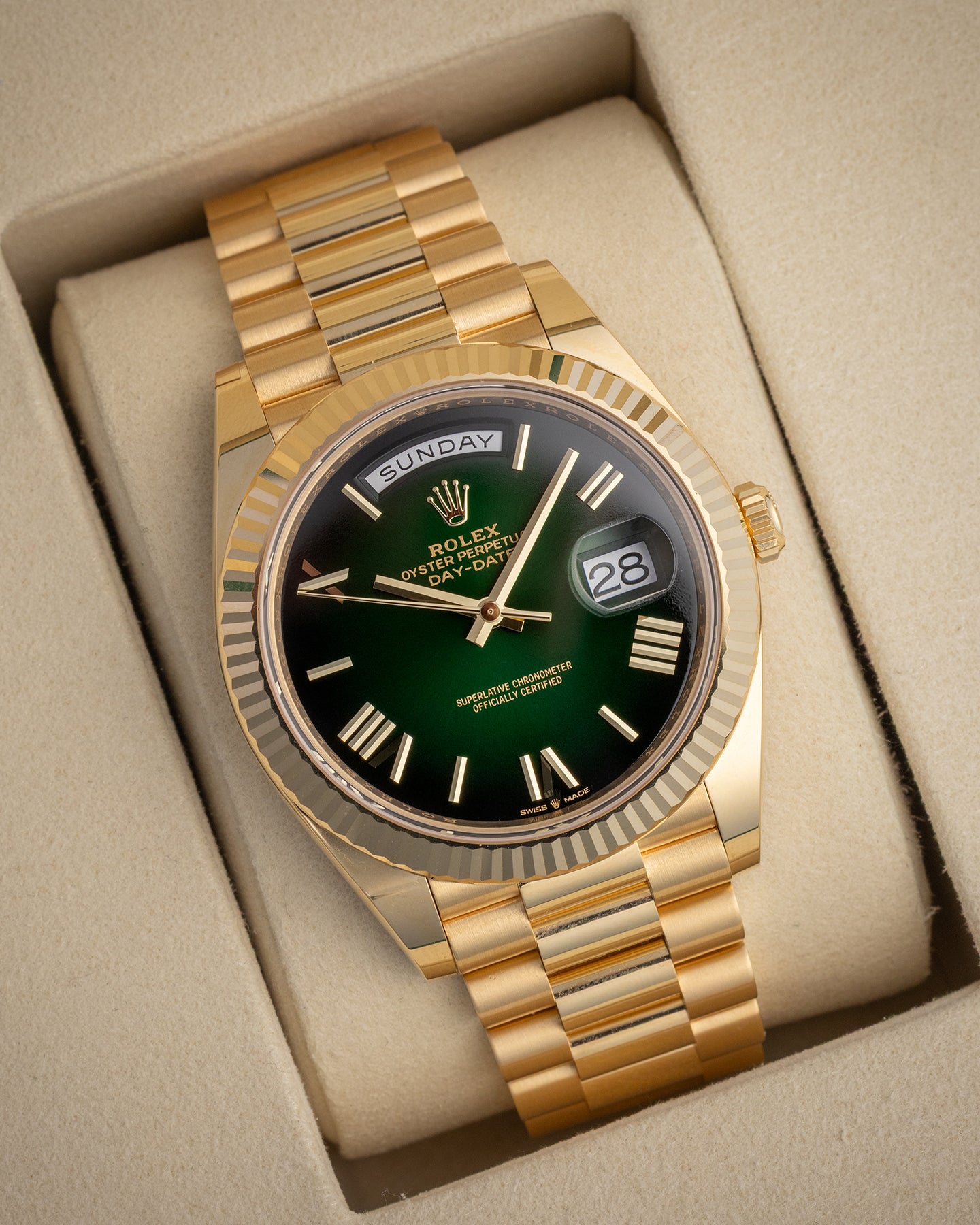 Gold Rolex Day-Date 40 Green Ombré 228238 | The Ice Champ TX