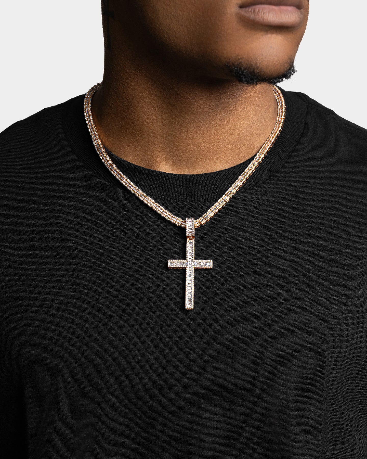 Rose Gold Baguette Cross Diamond Pendant | The Ice Champ Icy Jewelry