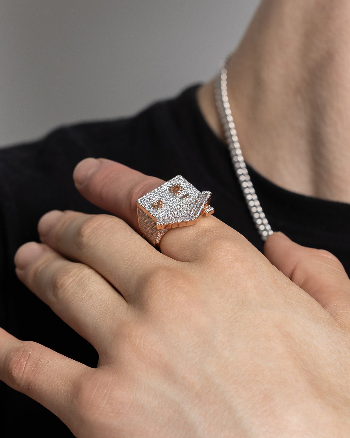 Rose Gold House-Motif Pave Diamond Ring | The Ice Champ Dallas, Texas