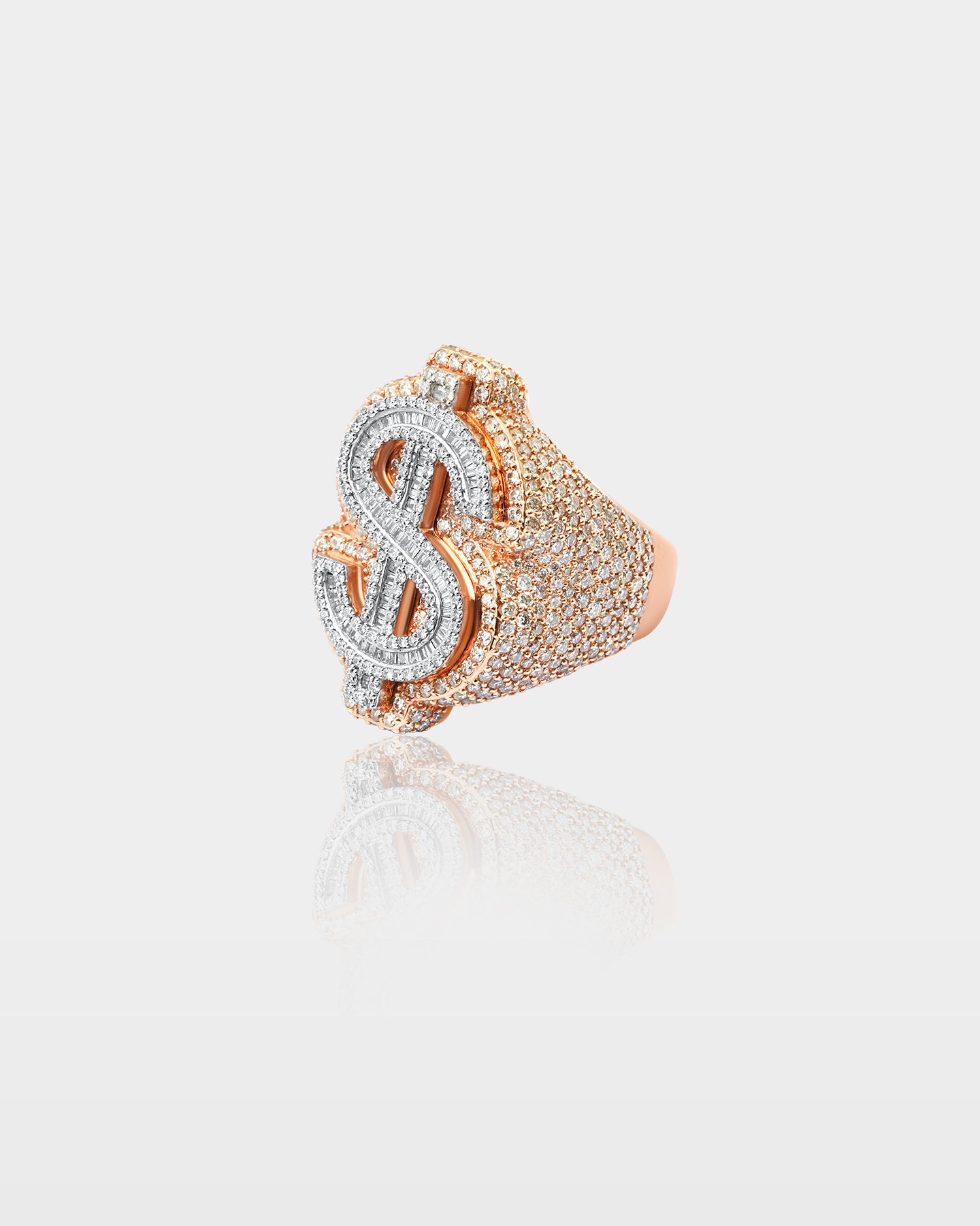 Rose Gold Round & Baguette Diamond Dollar Sign Statement Ring | The Ice Champ Grapevine, Texas