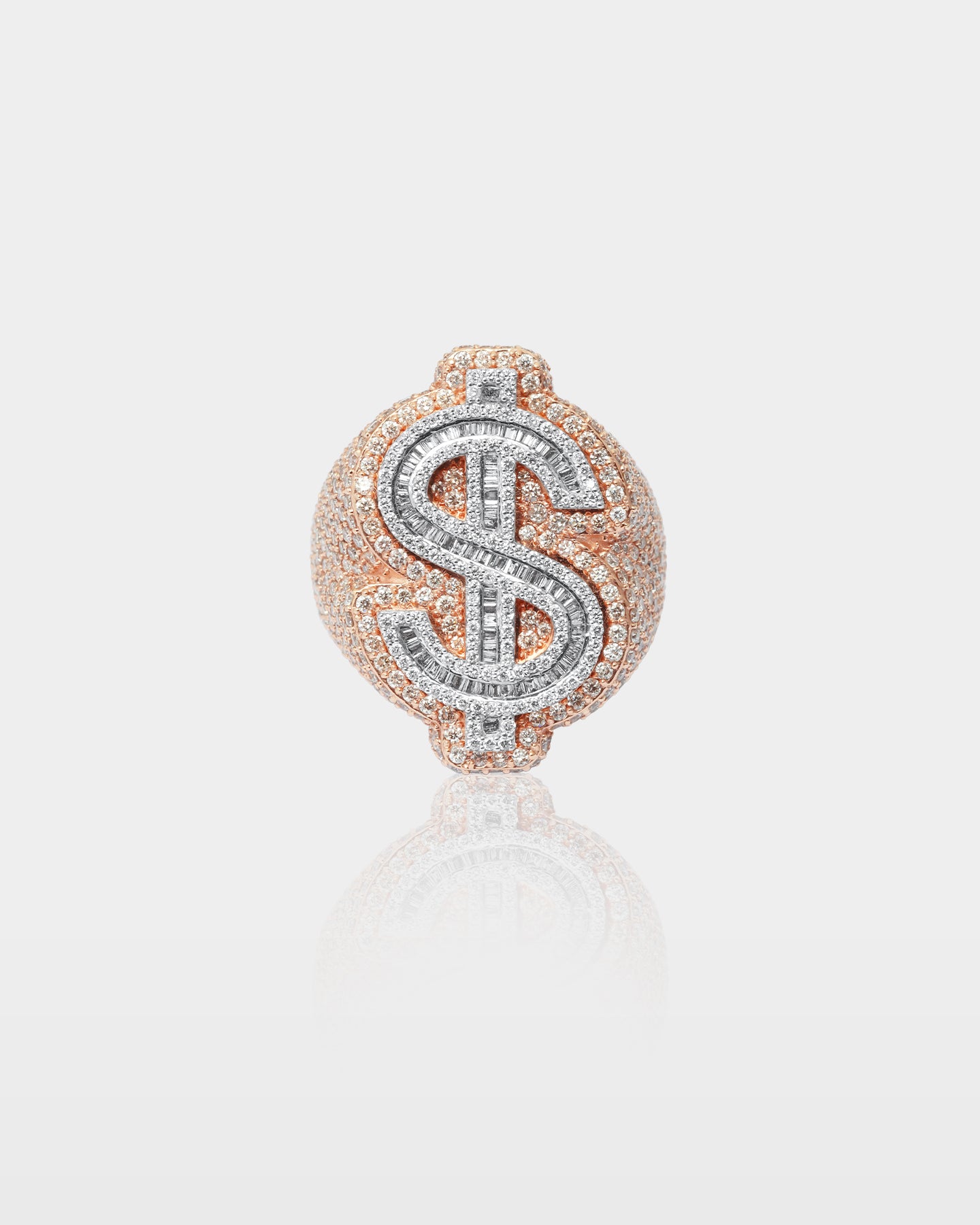 Rose Gold Round & Baguette Diamond Dollar Sign Statement Ring | The Ice Champ Grapevine, Texas