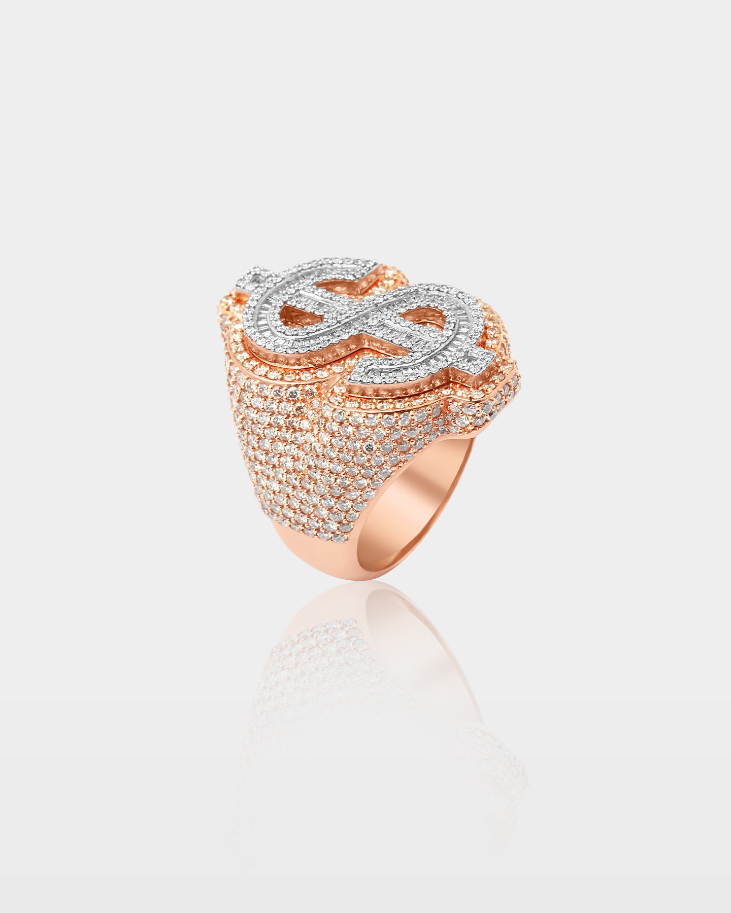 Rose Gold Round & Baguette Diamond Dollar Sign Statement Ring | The Ice Champ Grapevine, Texas