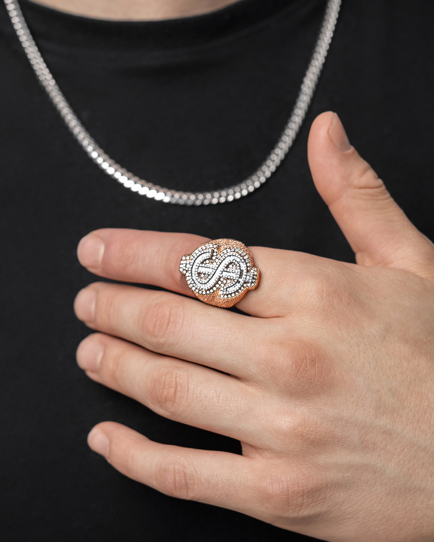 Rose Gold Round & Baguette Diamond Dollar Sign Statement Ring | The Ice Champ Grapevine, Texas