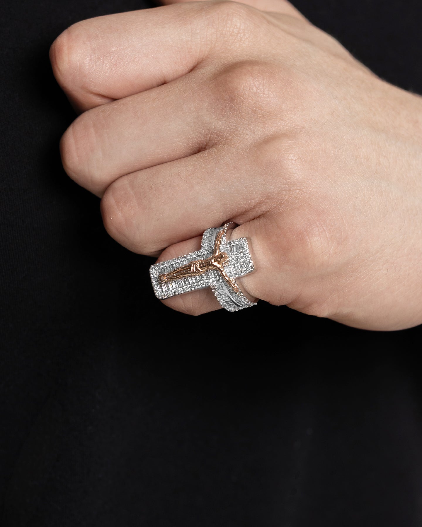 Two-Tone Crucifix Pavé Diamond Ring | The Ice Champ Dallas Texas
