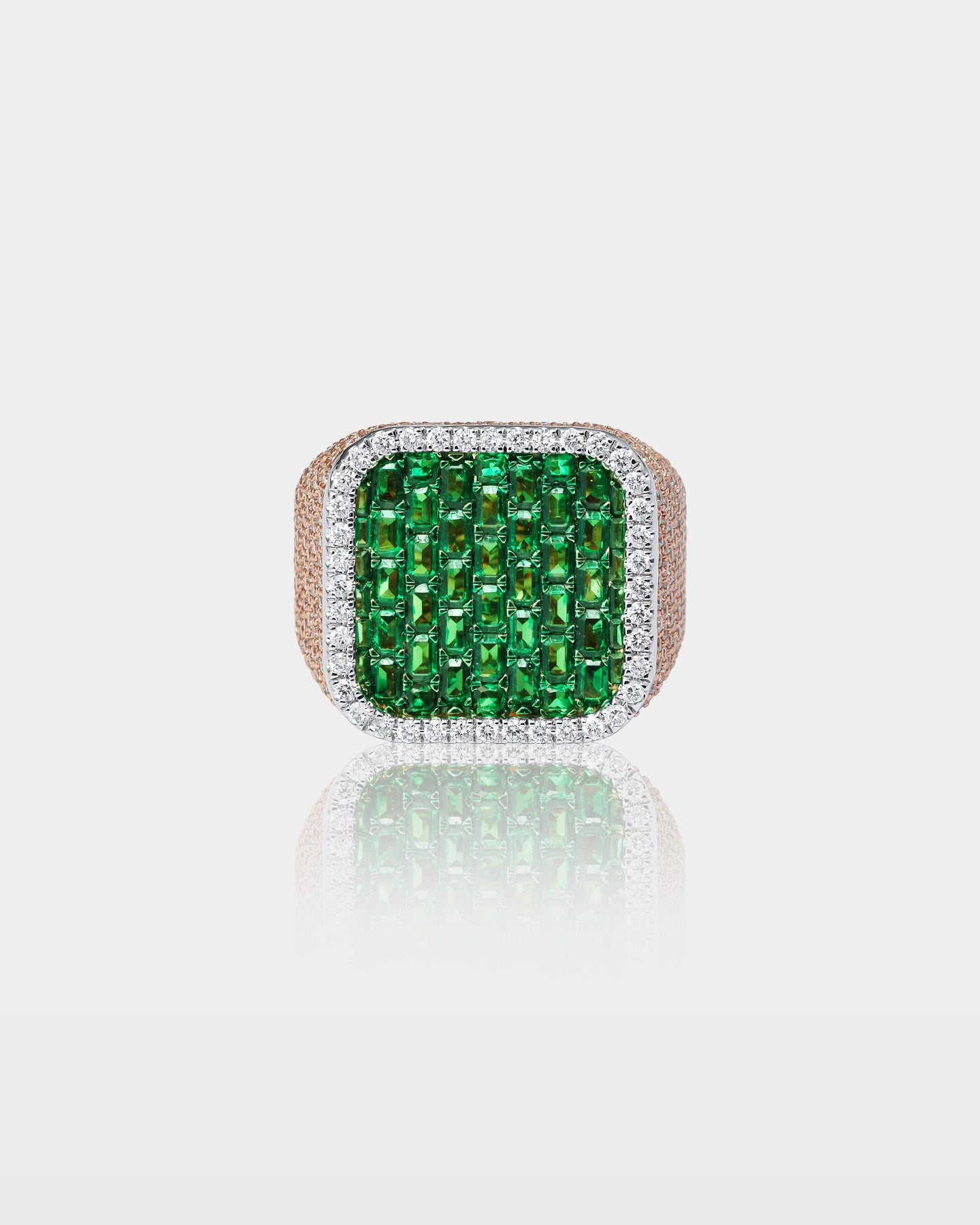 Rose and White Gold Cushion Emerald & Diamond Ring | The Ice Champ Dallas, TX