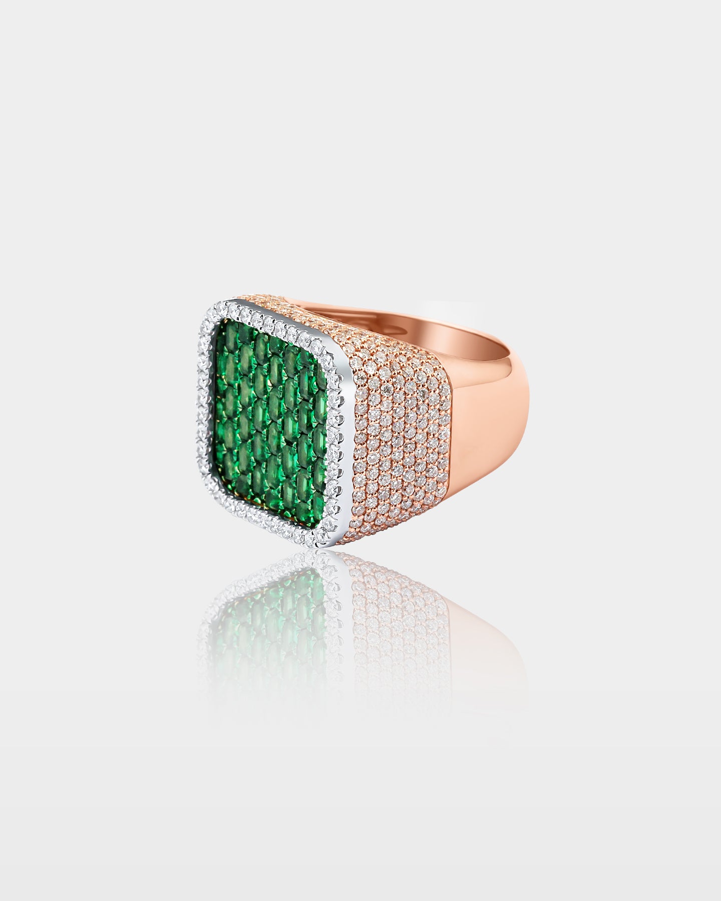 Rose and White Gold Cushion Emerald & Diamond Ring | The Ice Champ Dallas, TX