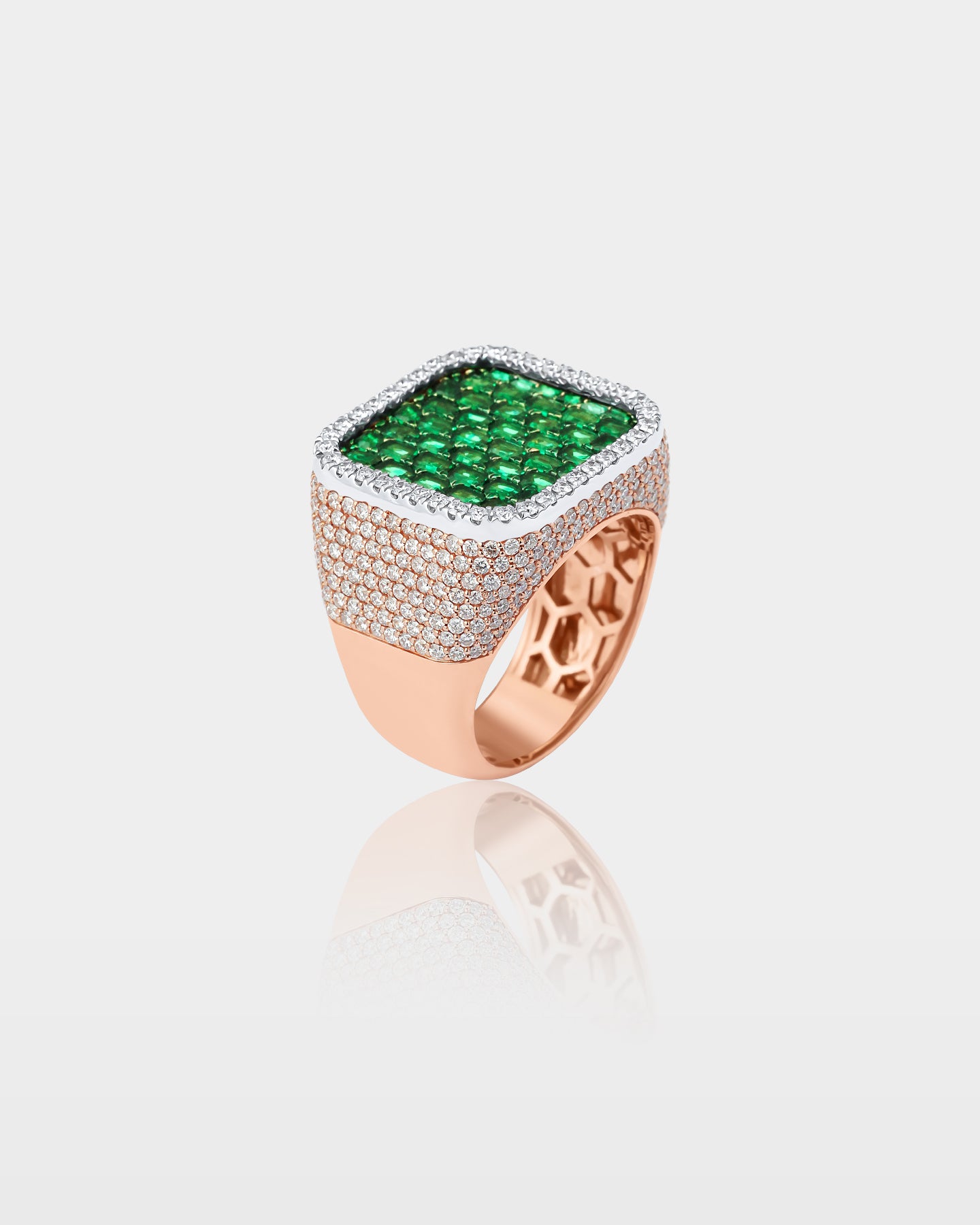 Rose and White Gold Cushion Emerald & Diamond Ring | The Ice Champ Dallas, TX