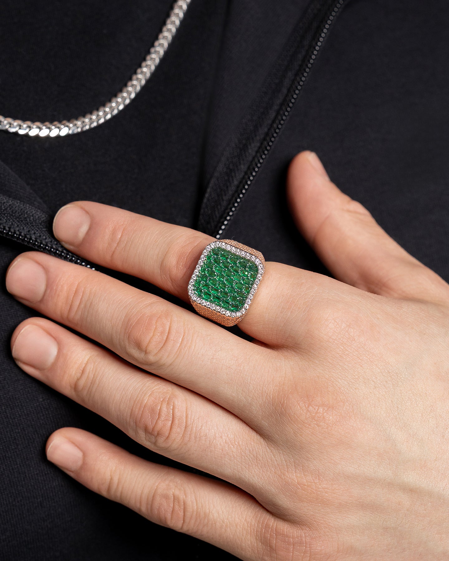 Rose and White Gold Cushion Emerald & Diamond Ring | The Ice Champ Dallas, TX