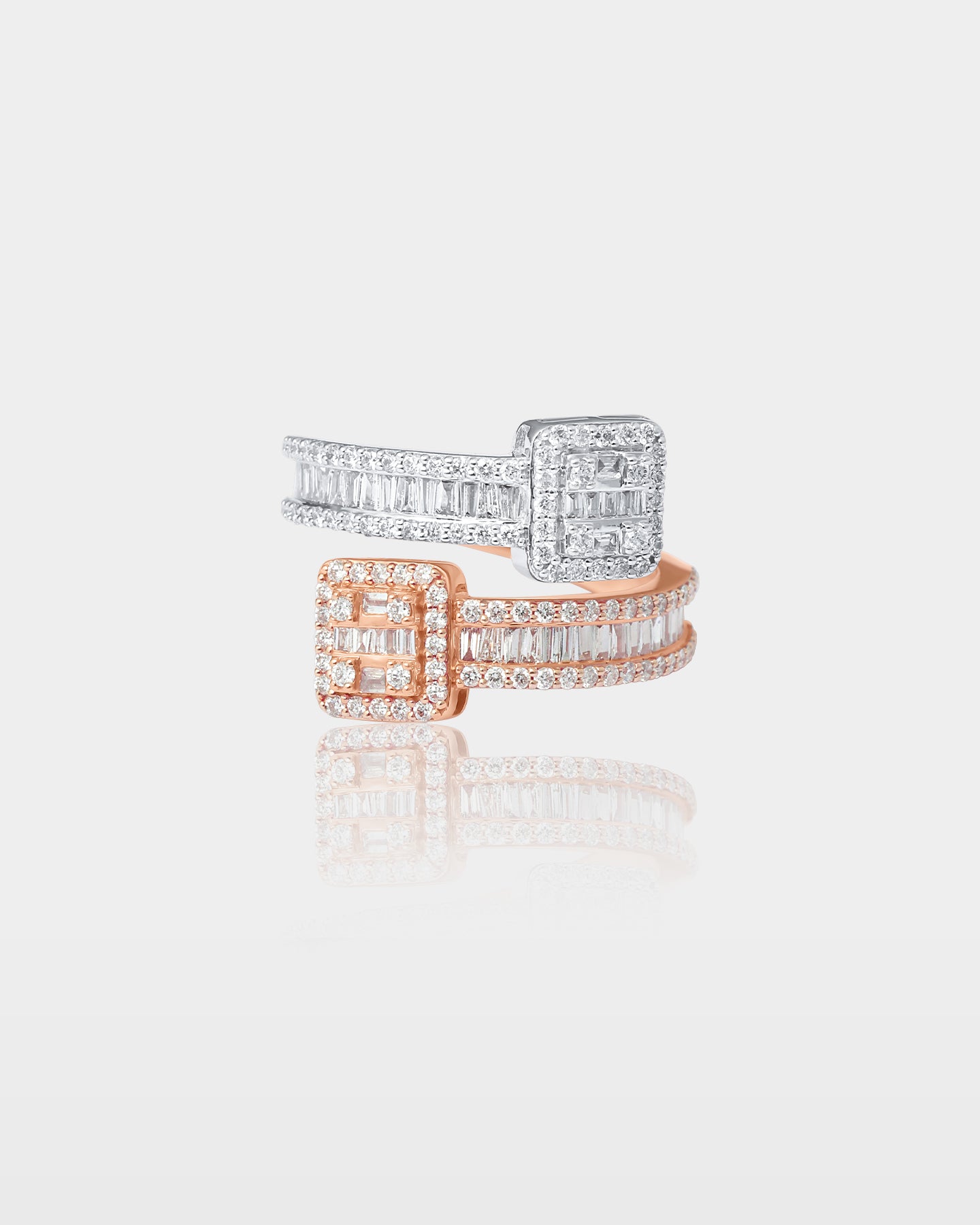 White & Rose Gold Double-Square Diamond Wrap Ring | The Ice Champ Dallas, Texas