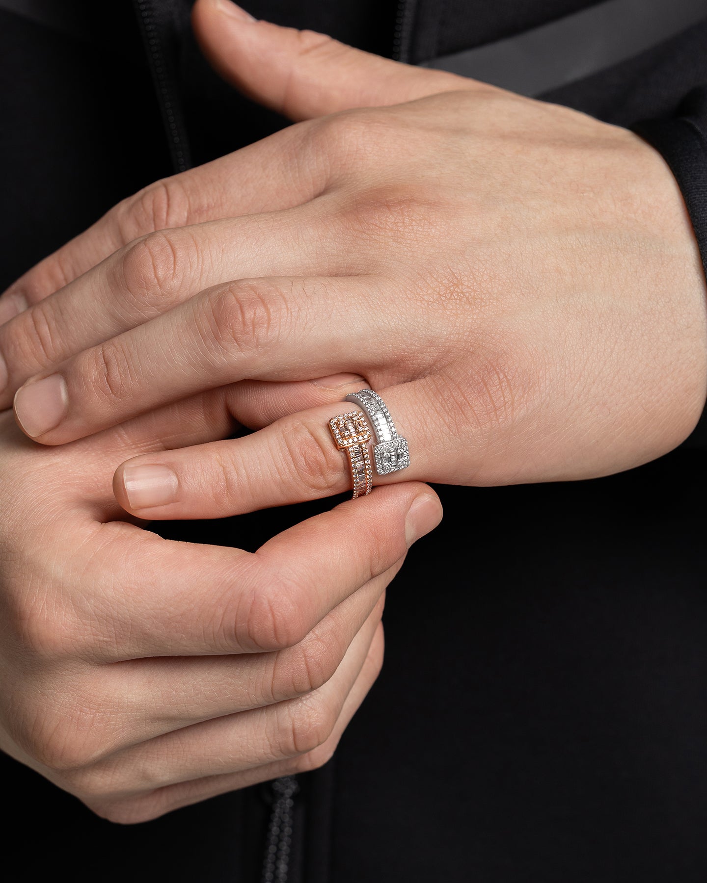 White & Rose Gold Double-Square Diamond Wrap Ring | The Ice Champ Dallas, Texas