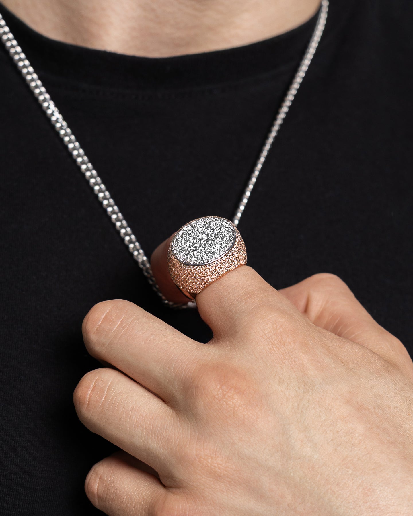 White and Rose Gold Oval Face Pavé Diamond Ring | The Ice Champ Grapevine, Texas