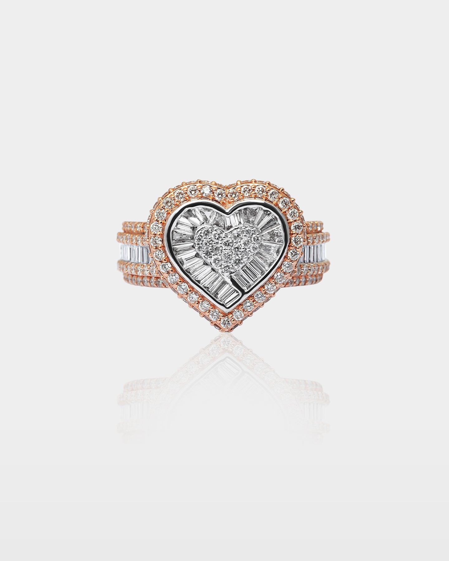 White and Rose Gold Pavé Diamond Heart Ring | The Ice Champ Dallas, Texas