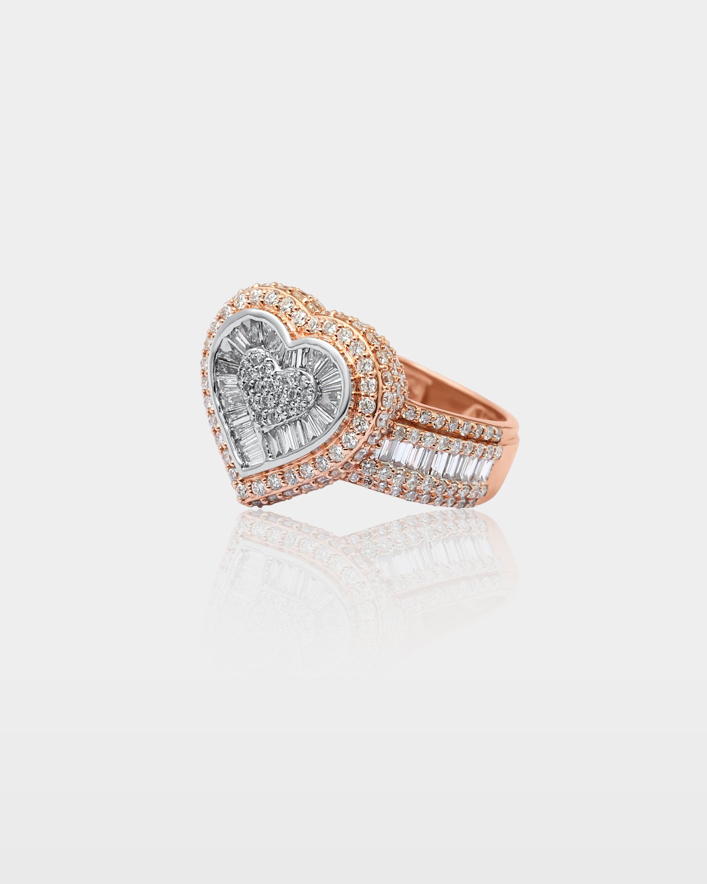 White and Rose Gold Pavé Diamond Heart Ring | The Ice Champ Dallas, Texas