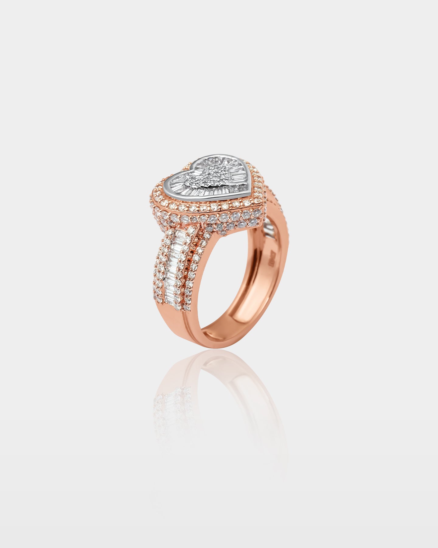 White and Rose Gold Pavé Diamond Heart Ring | The Ice Champ Dallas, Texas