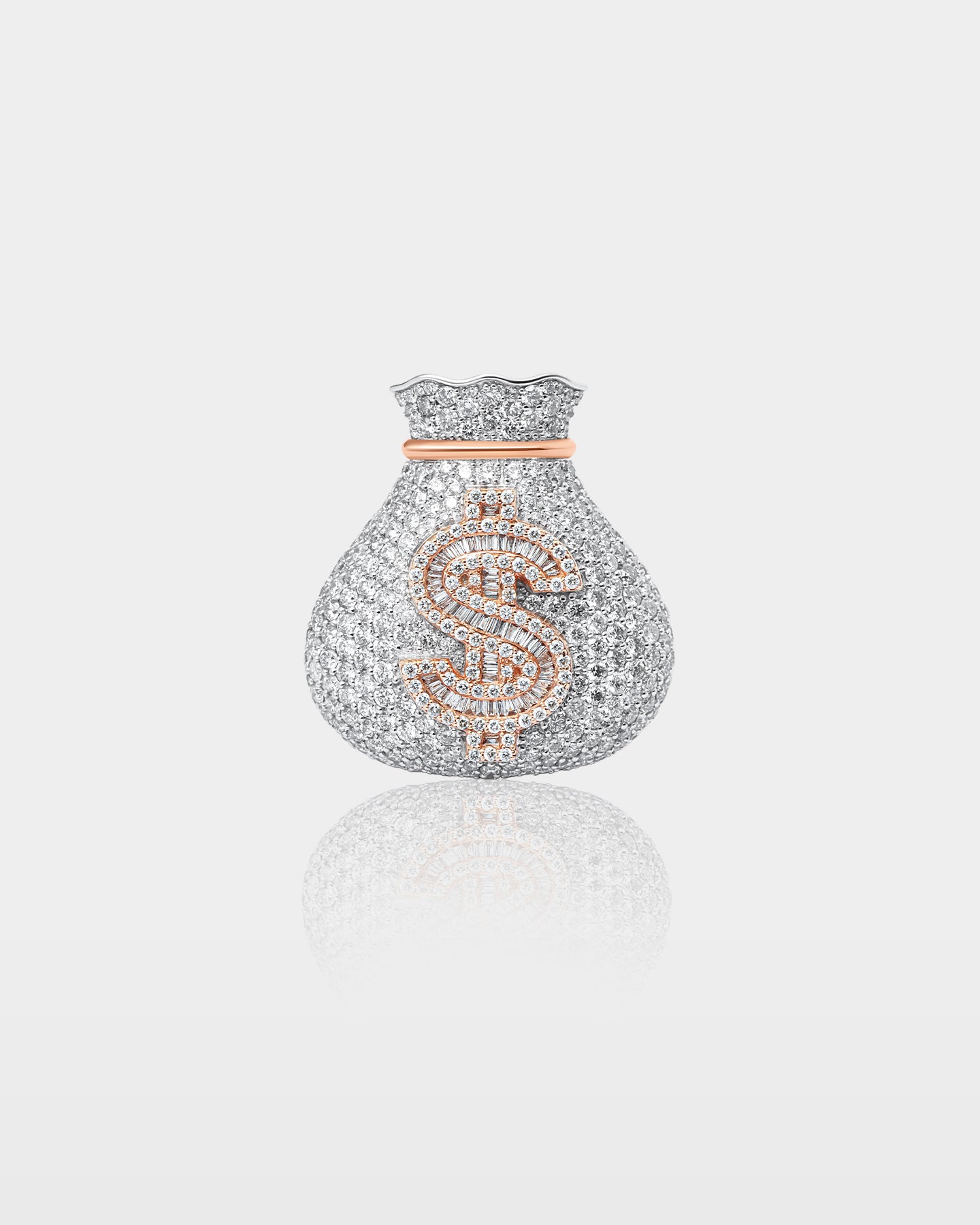 White and Rose Gold Pavé Diamond Money Bag Ring | The Ice Champ Dallas, Texas