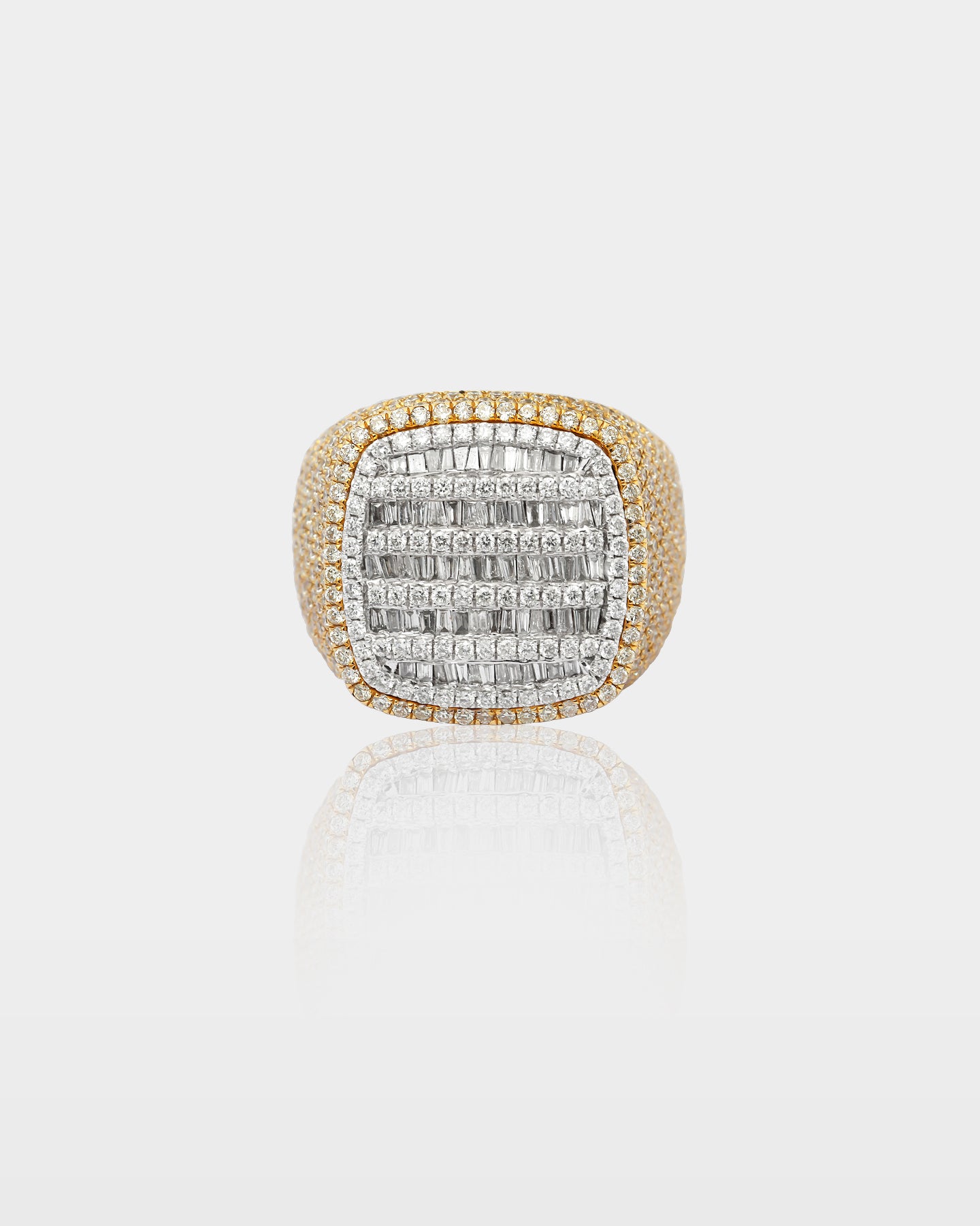Two-Tone Square Baguette And Round Diamond Signet Ring | The Ice Champ Dallas, Texas