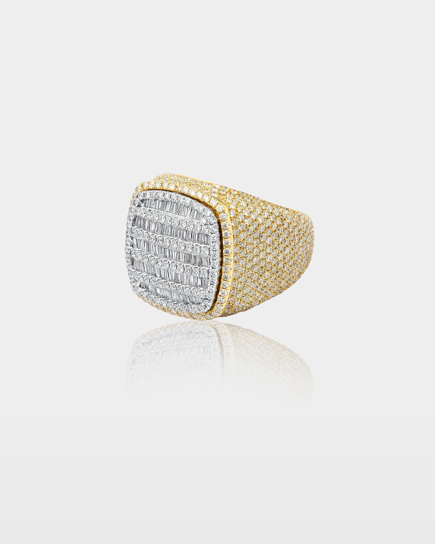 Two-Tone Square Baguette And Round Diamond Signet Ring | The Ice Champ Dallas, Texas