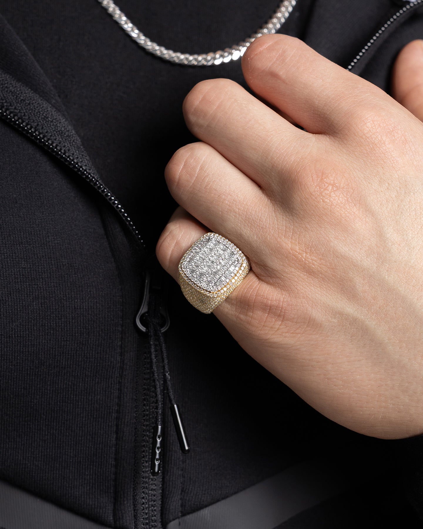 Two-Tone Square Baguette And Round Diamond Signet Ring | The Ice Champ Dallas, Texas