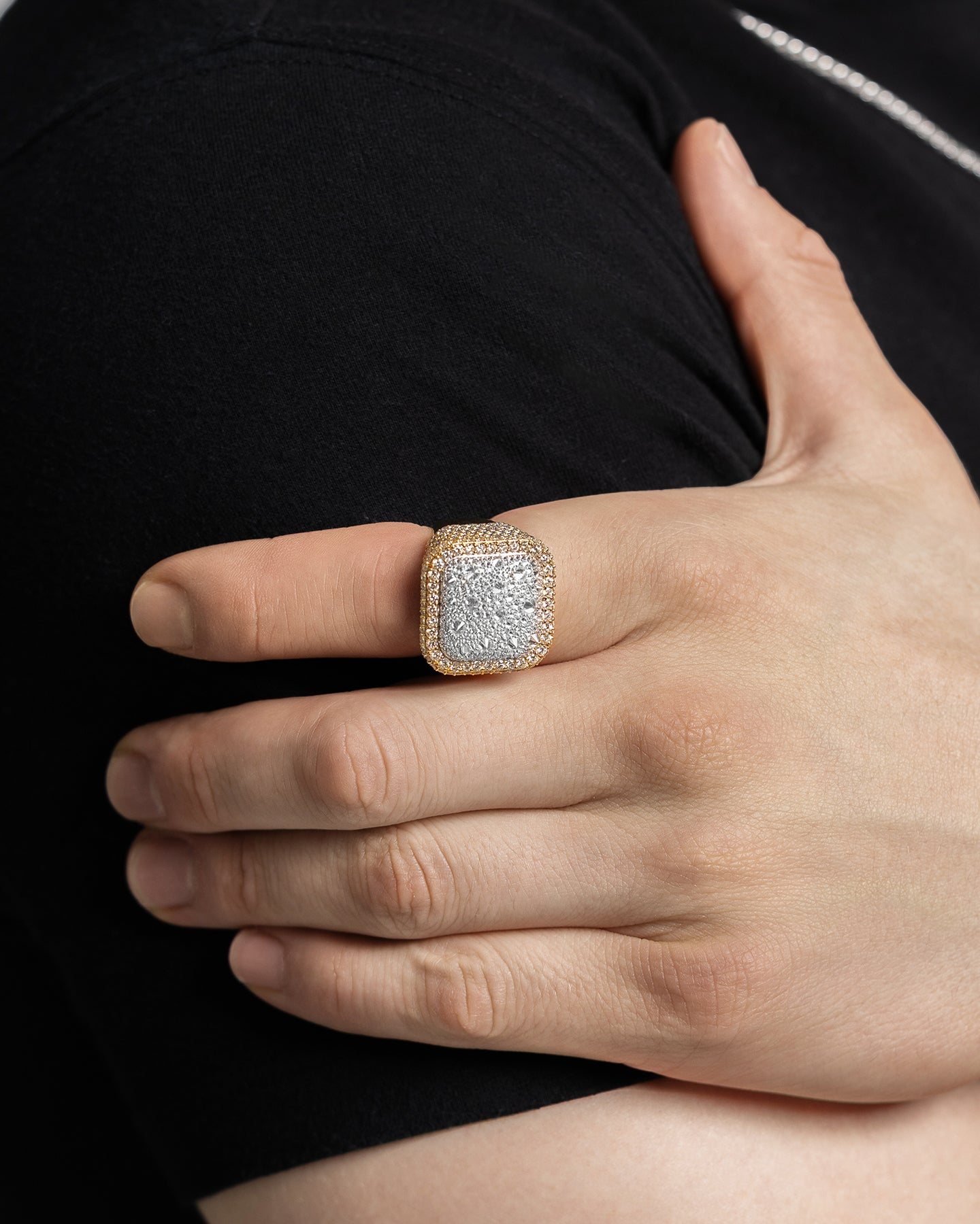 Iced Out White and Yellow Gold Square Diamond Ring | The Ice Champ Dallas, TX