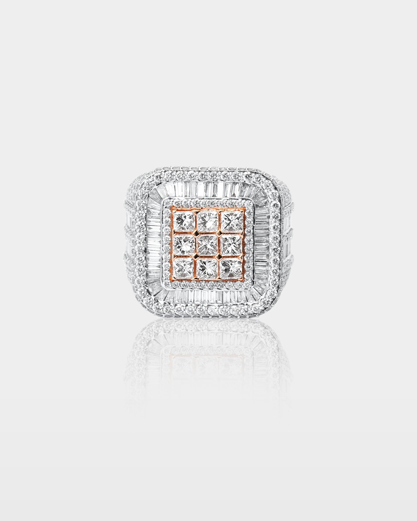 White and Rose Gold Square Cushion Diamond Signet Ring | The Ice Champ Dallas, Texas