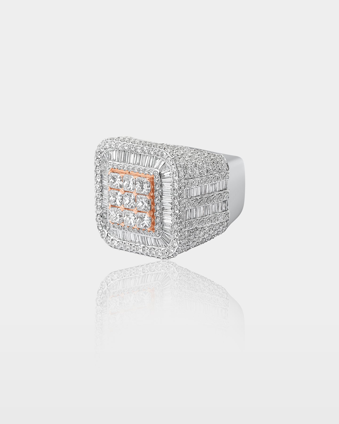 White and Rose Gold Square Cushion Diamond Signet Ring | The Ice Champ Dallas, Texas