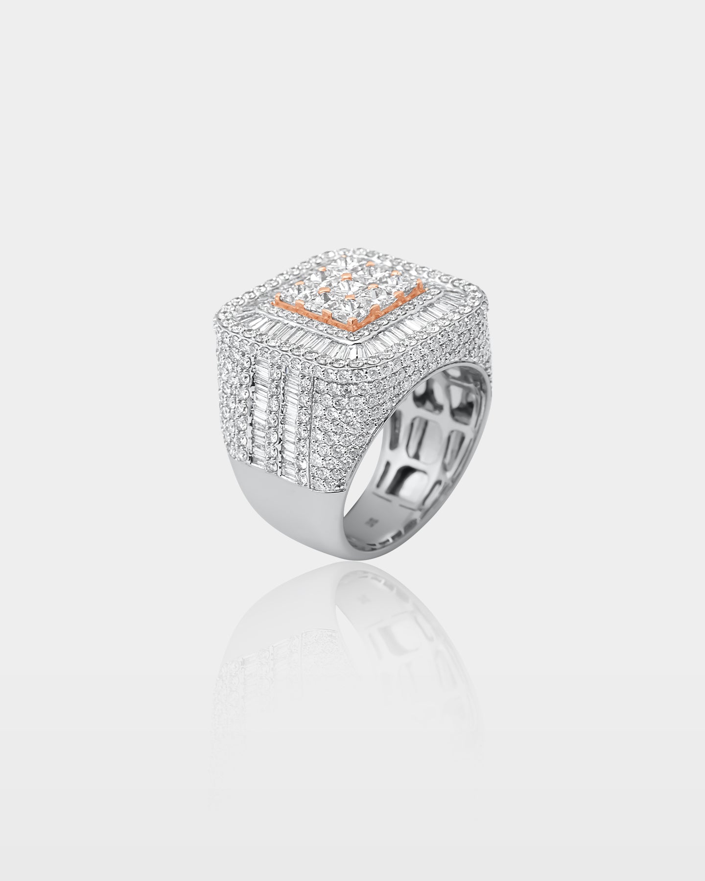 White and Rose Gold Square Cushion Diamond Signet Ring | The Ice Champ Dallas, Texas