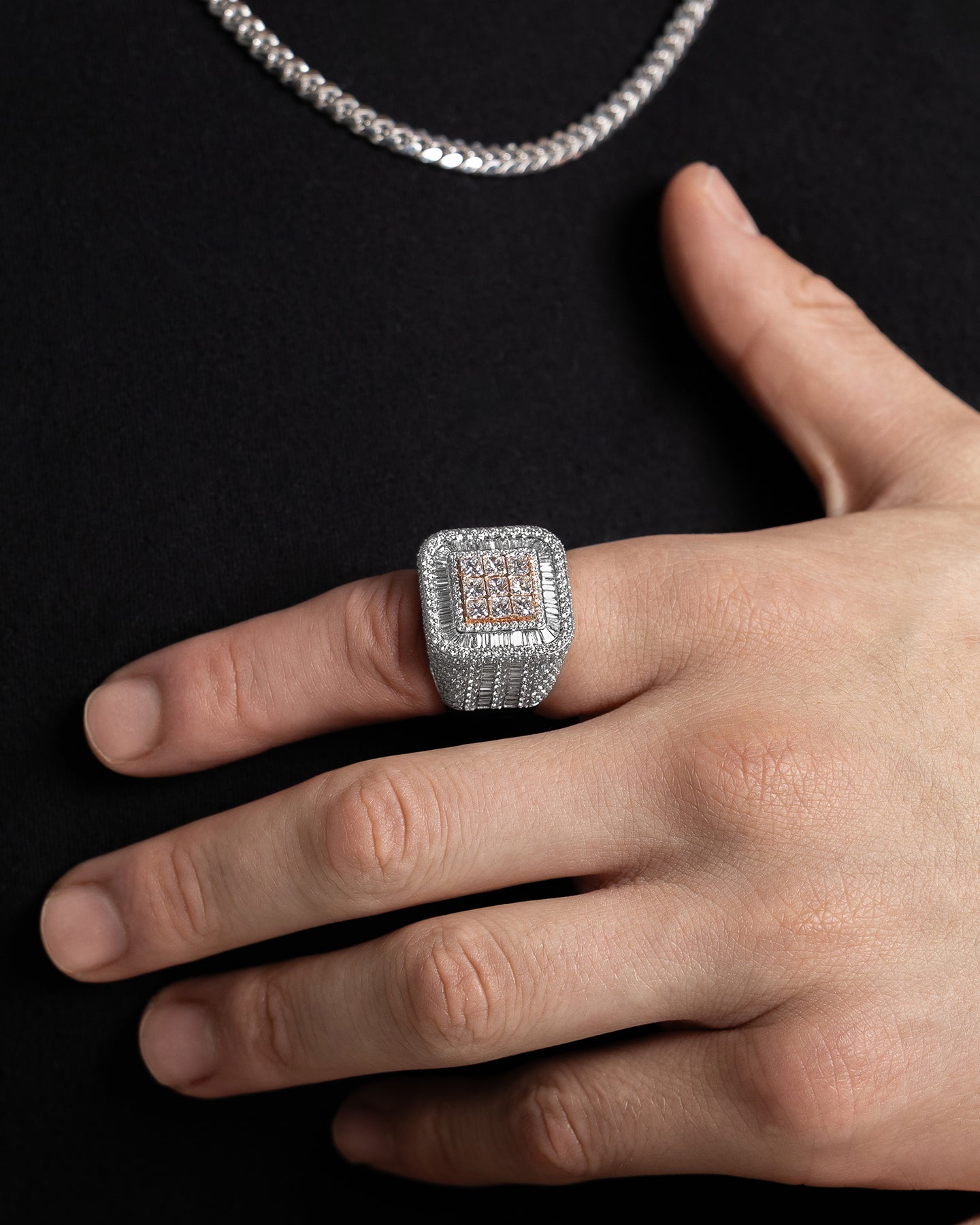 White and Rose Gold Square Cushion Diamond Signet Ring | The Ice Champ Dallas, Texas