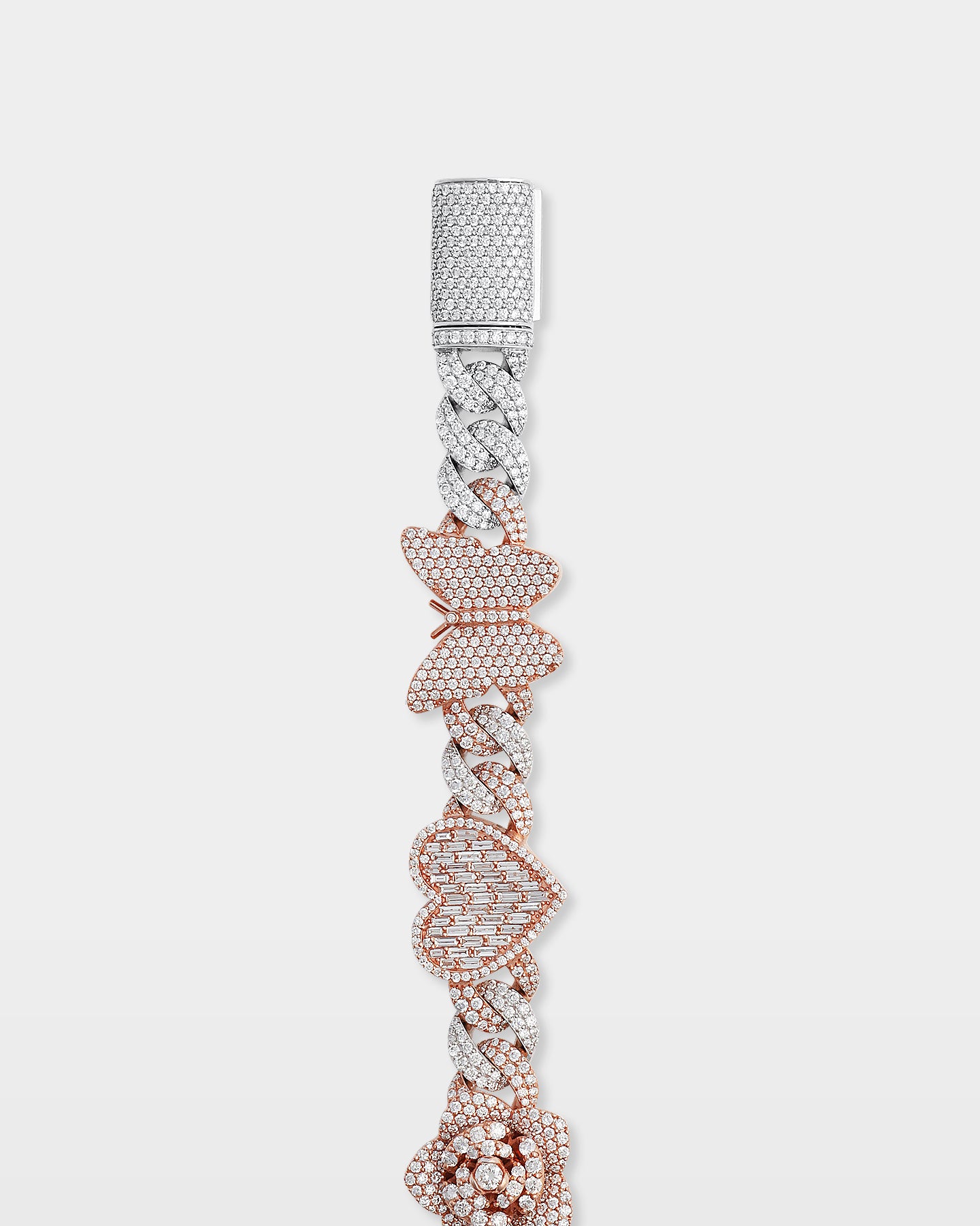 Two Tone Rose Butterfly Heart Diamond Bracelet | The Ice Champ Dallas