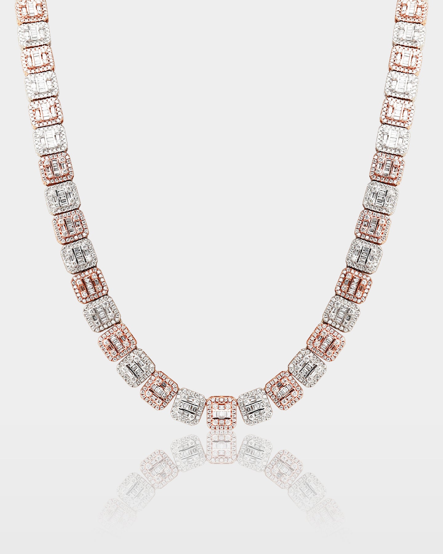 Rose and White Gold Square Halo Baguette Diamond Tennis Necklace | The Ice Champ Jewelry