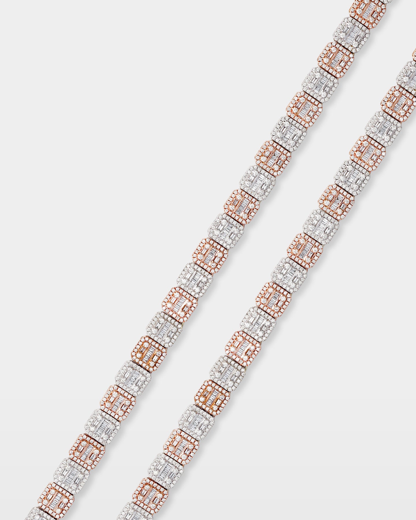 Rose and White Gold Square Halo Baguette Diamond Tennis Necklace | The Ice Champ Jewelry