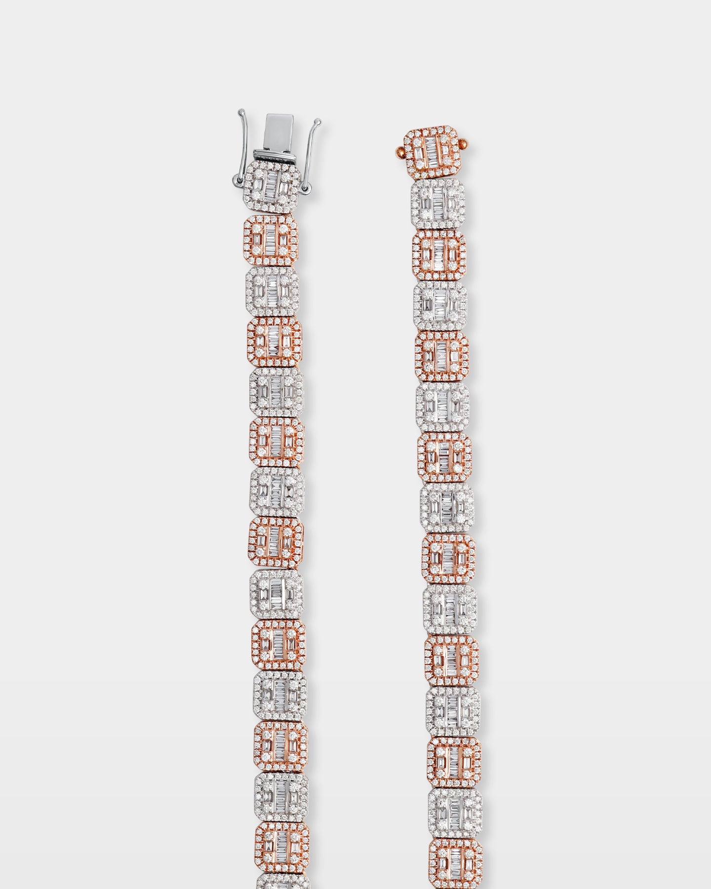 Rose and White Gold Square Halo Baguette Diamond Tennis Necklace | The Ice Champ Jewelry