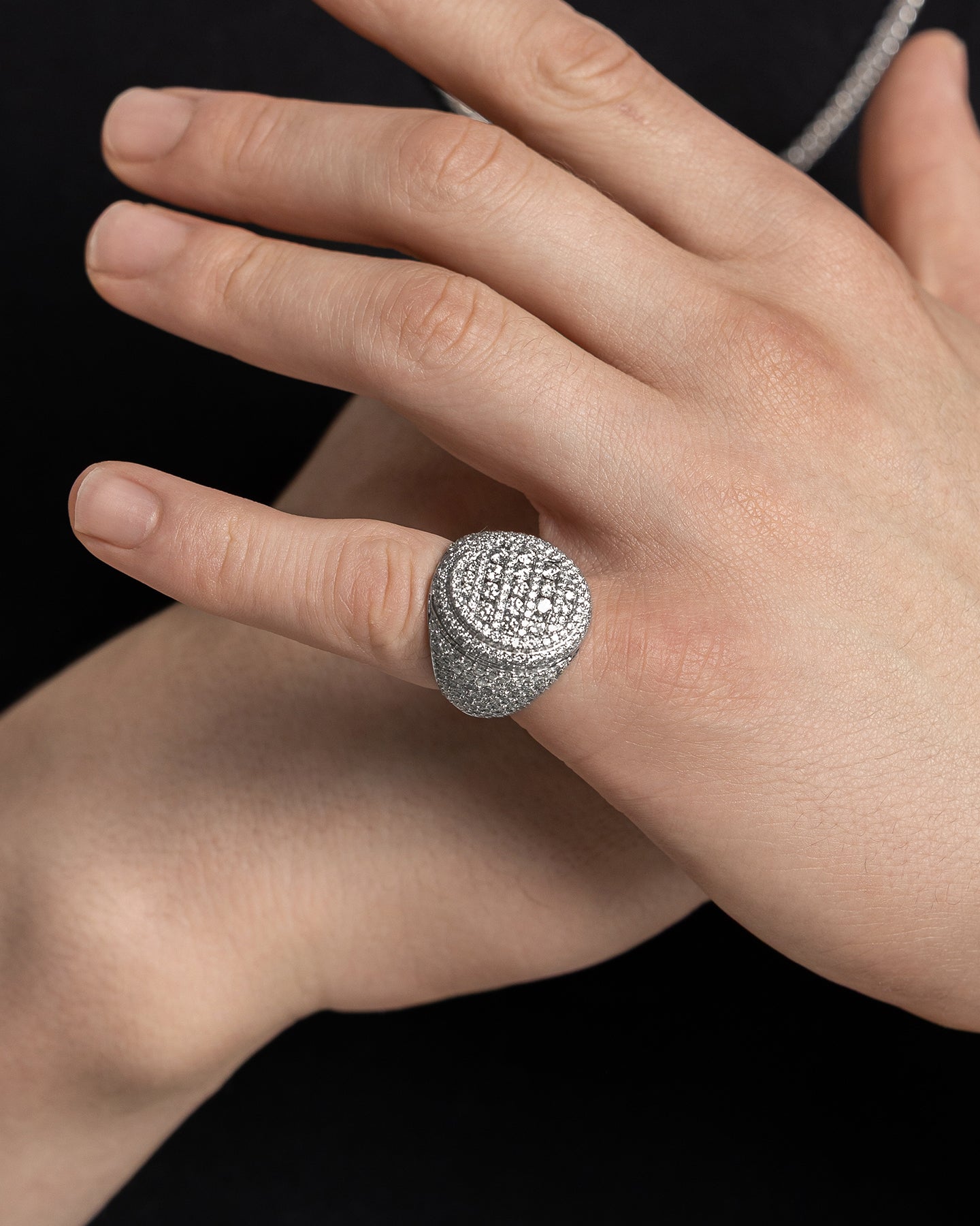 White Gold Oval Pavé Diamond Dome Ring | The Ice Champ Dallas, Texas