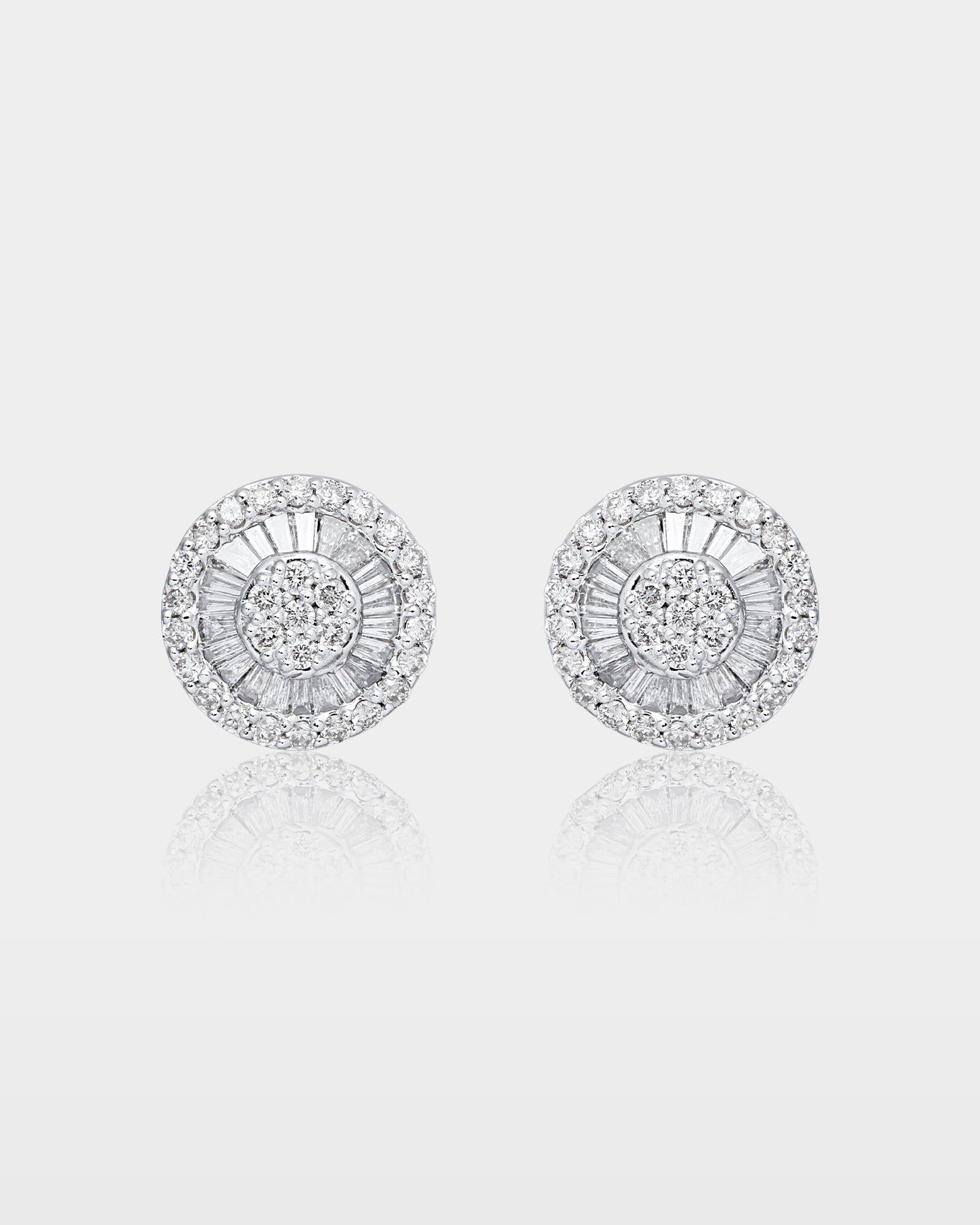 White Gold Round & Baguette Cluster Diamond Studs | The Ice Champ Jewelry
