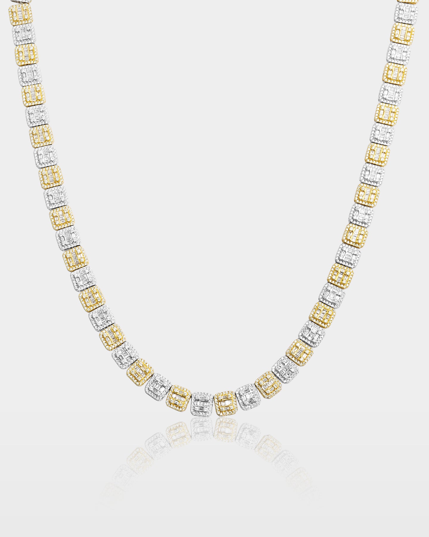 Two Tone Square Halo Baguette Diamond Tennis Necklace | The Ice Champ Dallas
