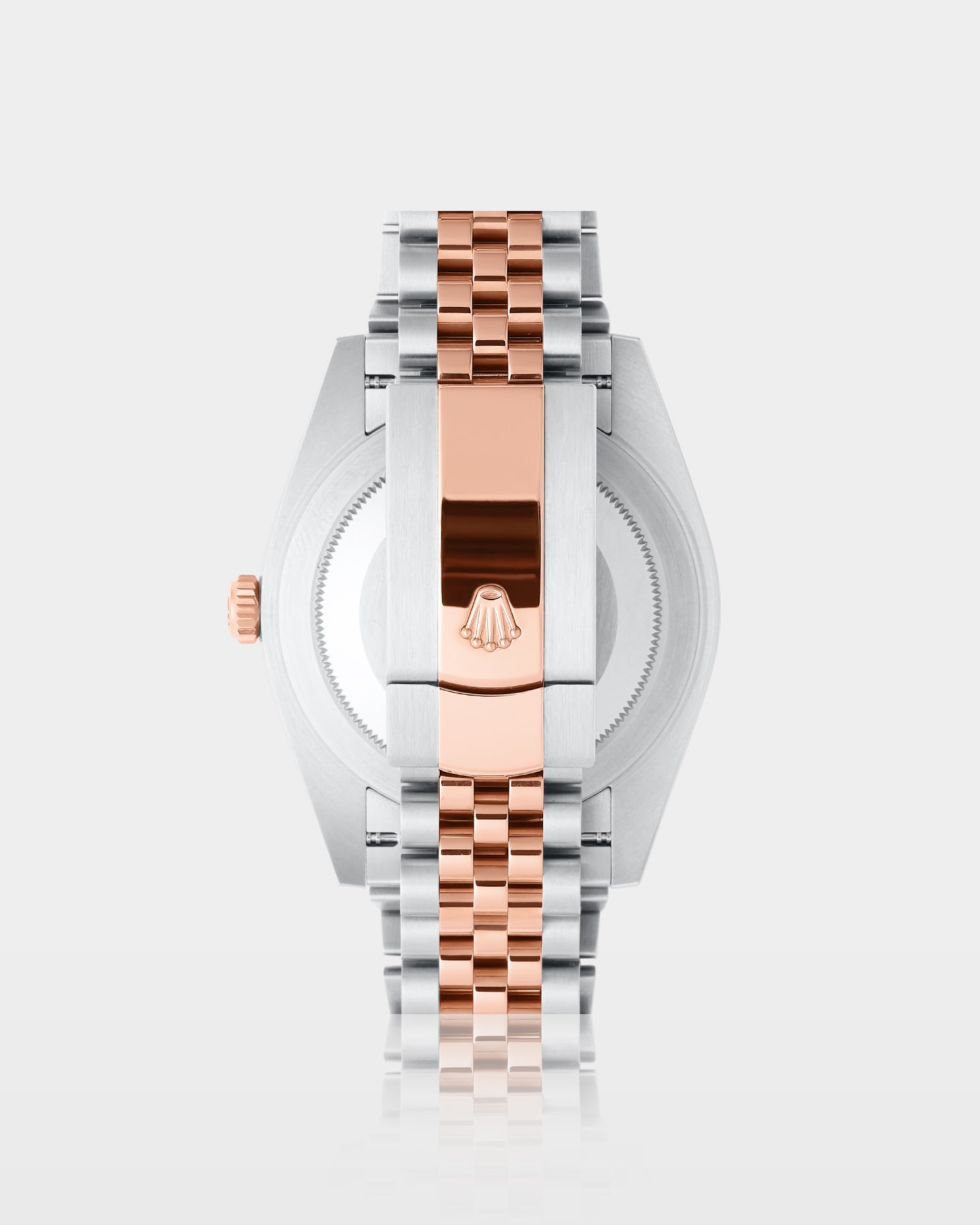 reverse studio view of a two-tone Rolex Datejust 41 showing the brushed caseback and an Everose gold center-link folding Oysterclasp