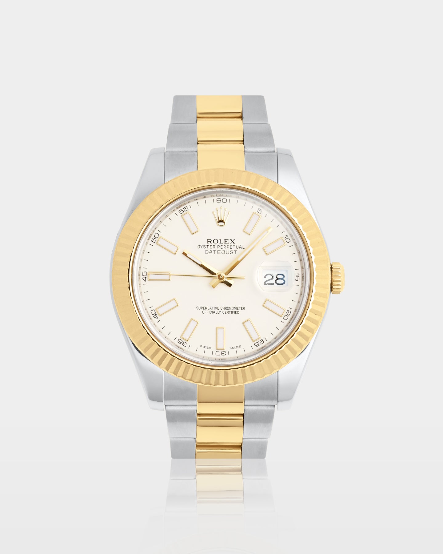 Rolex Datejust II 41mm watch in 18k yellow gold and stainless steel with a white dial baton indices and a fluted bezel